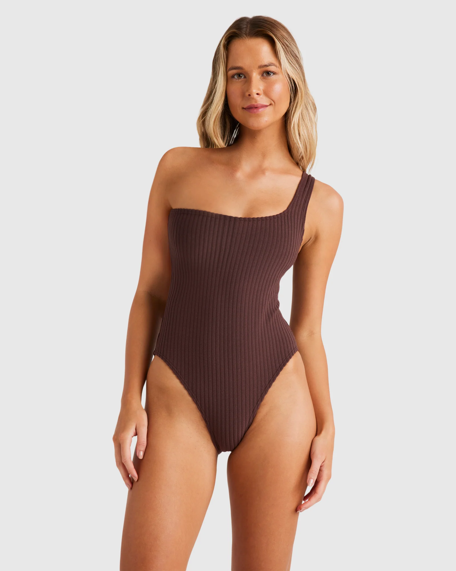 Womens Terry Rib One Shoulder One Piece Swimsuit