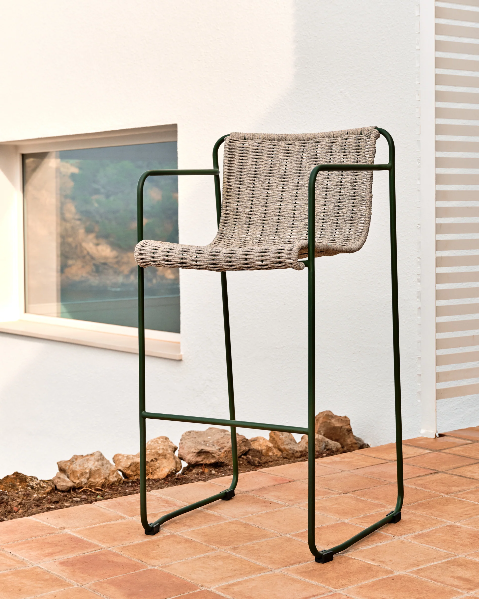 Maurina stool in green galvanised steel and ecru and grey rope cord 64,5cm