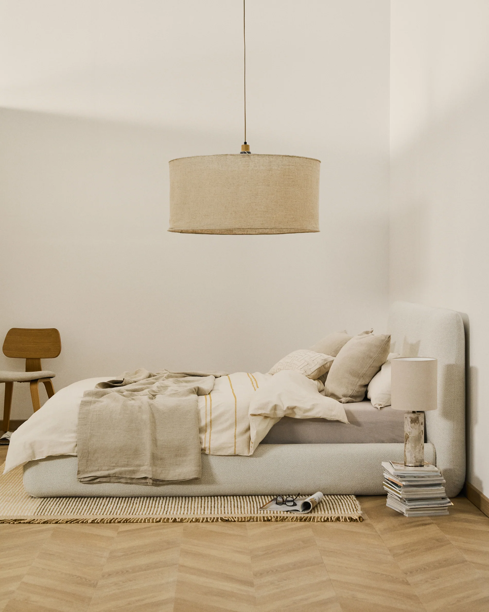 Martina bed with removable cover in ecru chenille for mattress 160 x 200cm