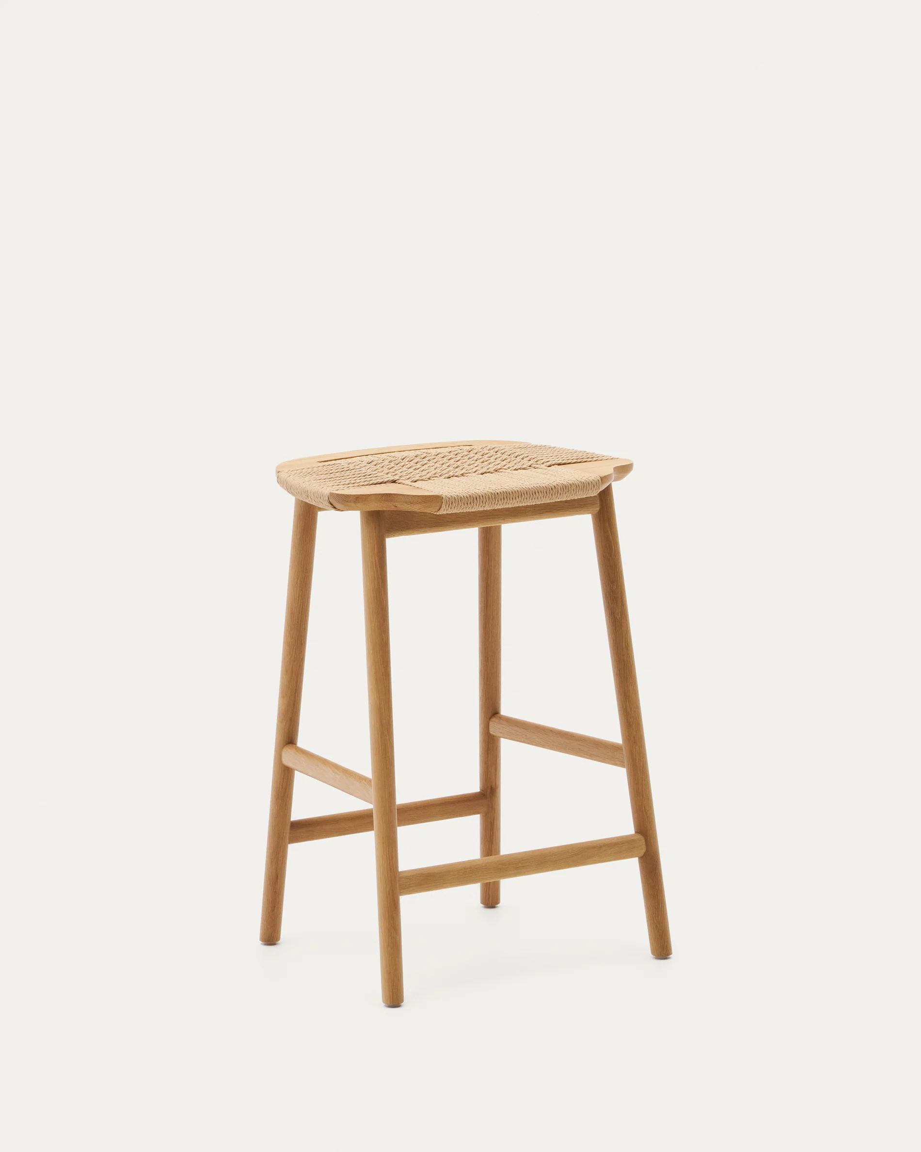 Enit stool made of beige paper cord and solid oak wood with natural finish, 65cm FSC Mix Credit