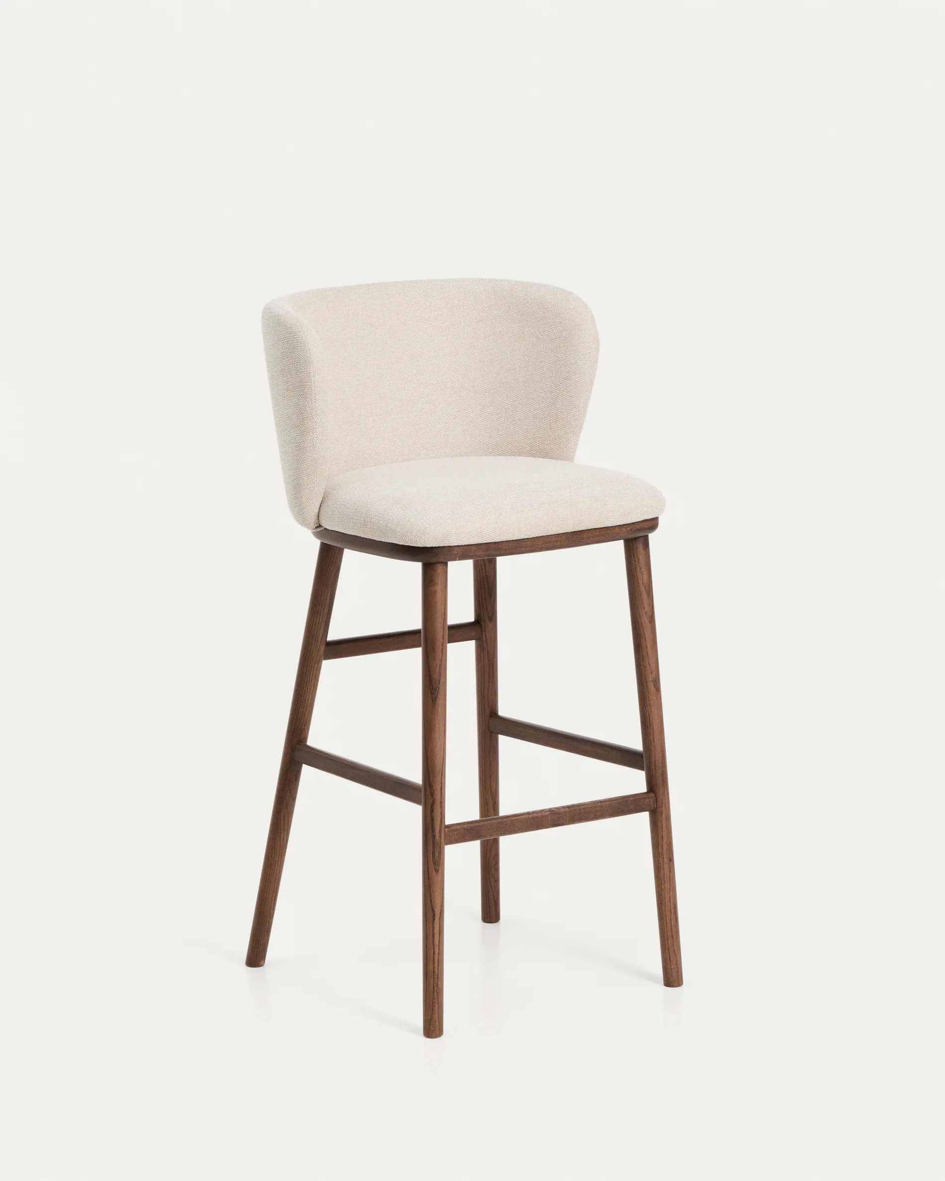 Ciselia beige chenille stool with solid ash wood legs with walnut-coloured finish FSC Mix Credit 75cm