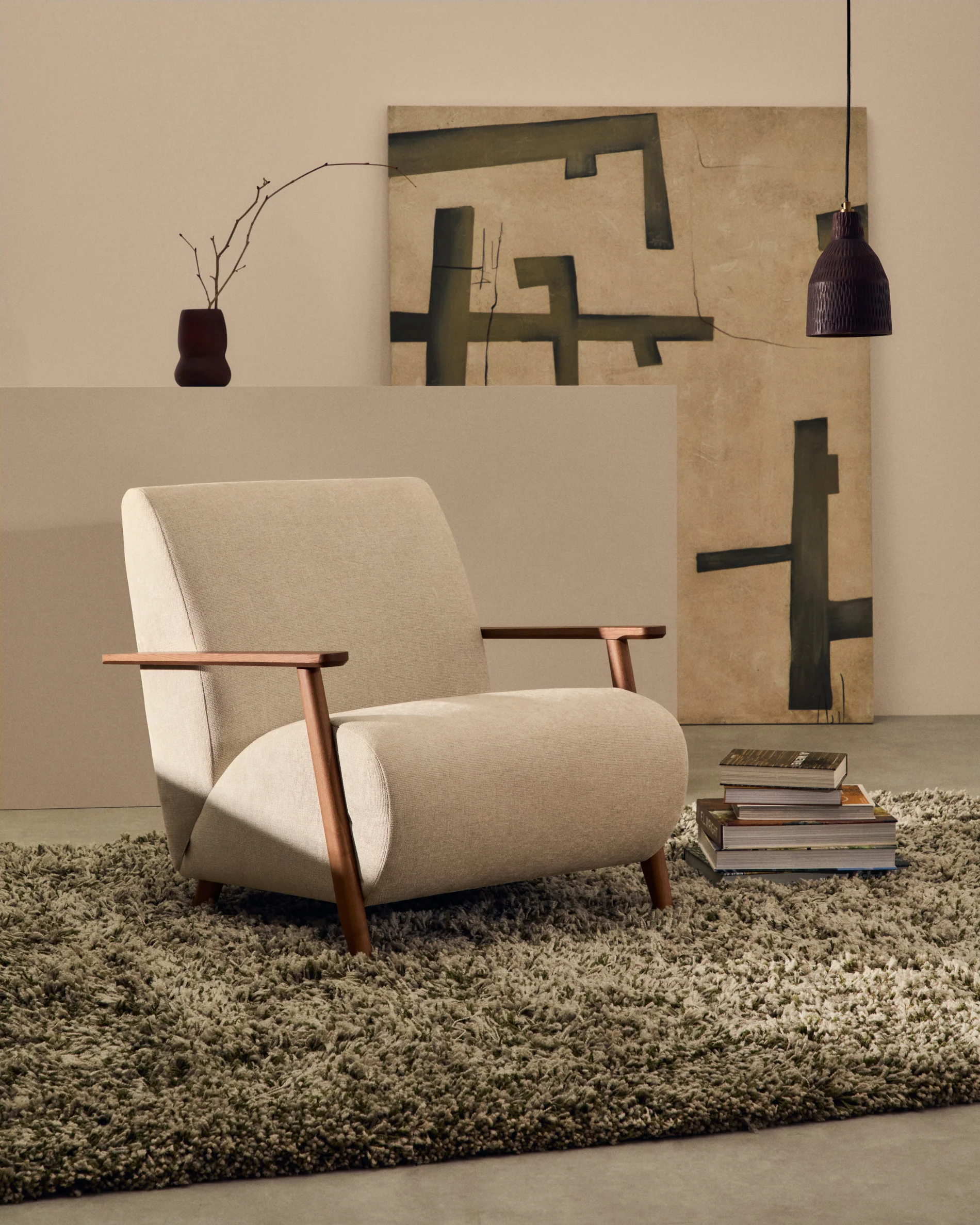 Meghan armchair in pearl chenille and solid ash wood with walnut finish FSC Mix Credit