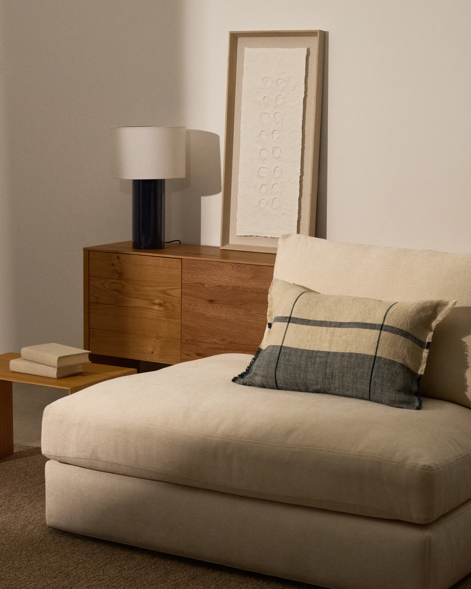 Eron beige and blue checked linen cushion cover with fringing 40 x 60cm