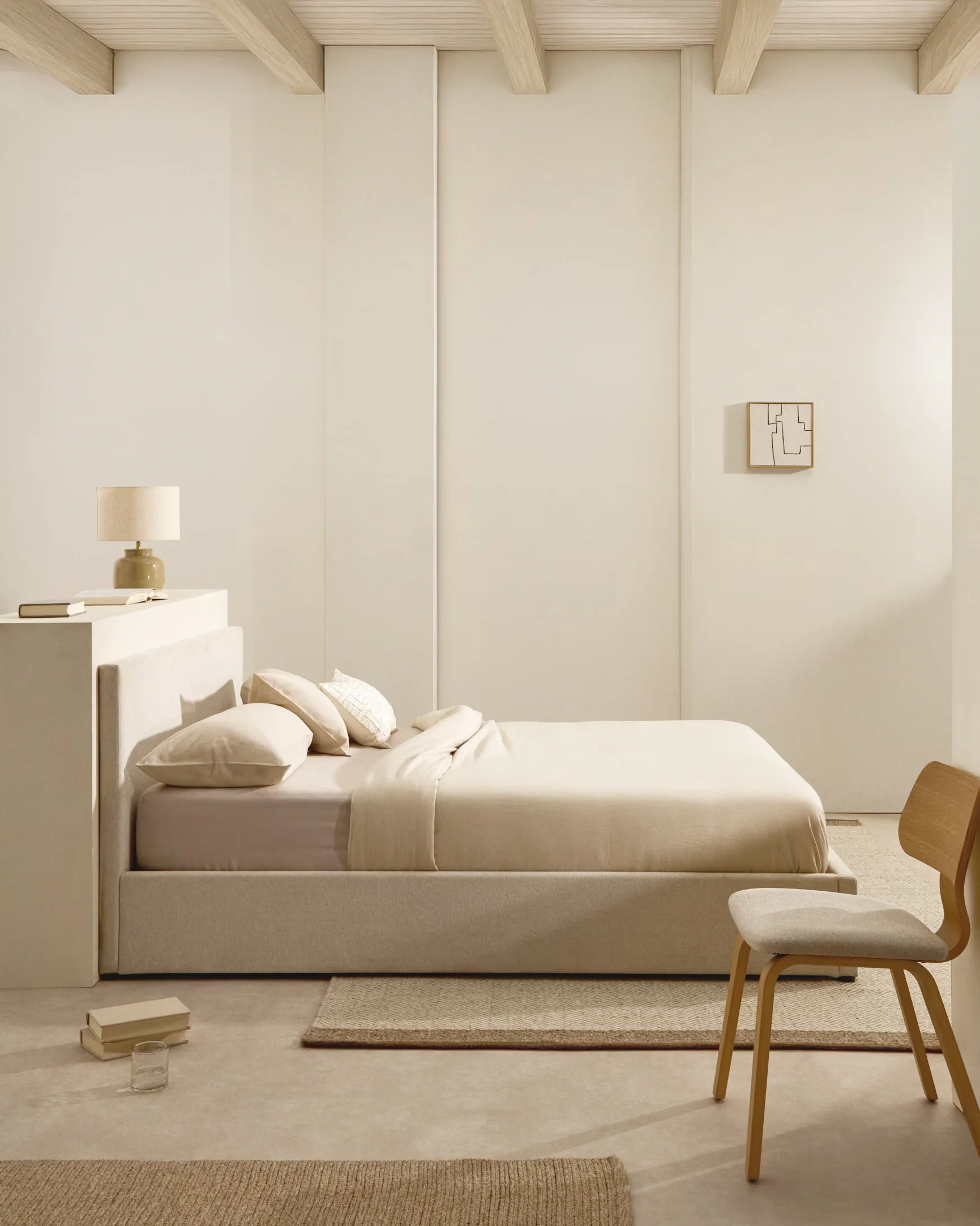 Nahiri beige chenille lift-up storage bed for a 160 x 200 cm mattress