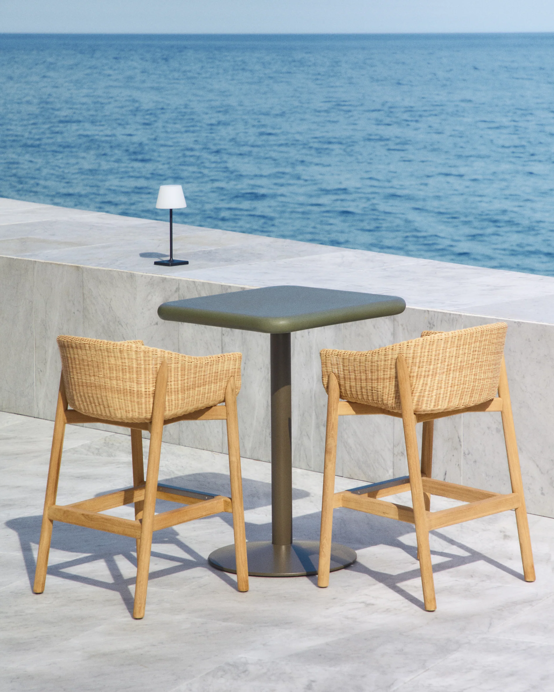 Esilda outdoor tall table with green cement top 70x70cm and green steel base Ø55x96cm