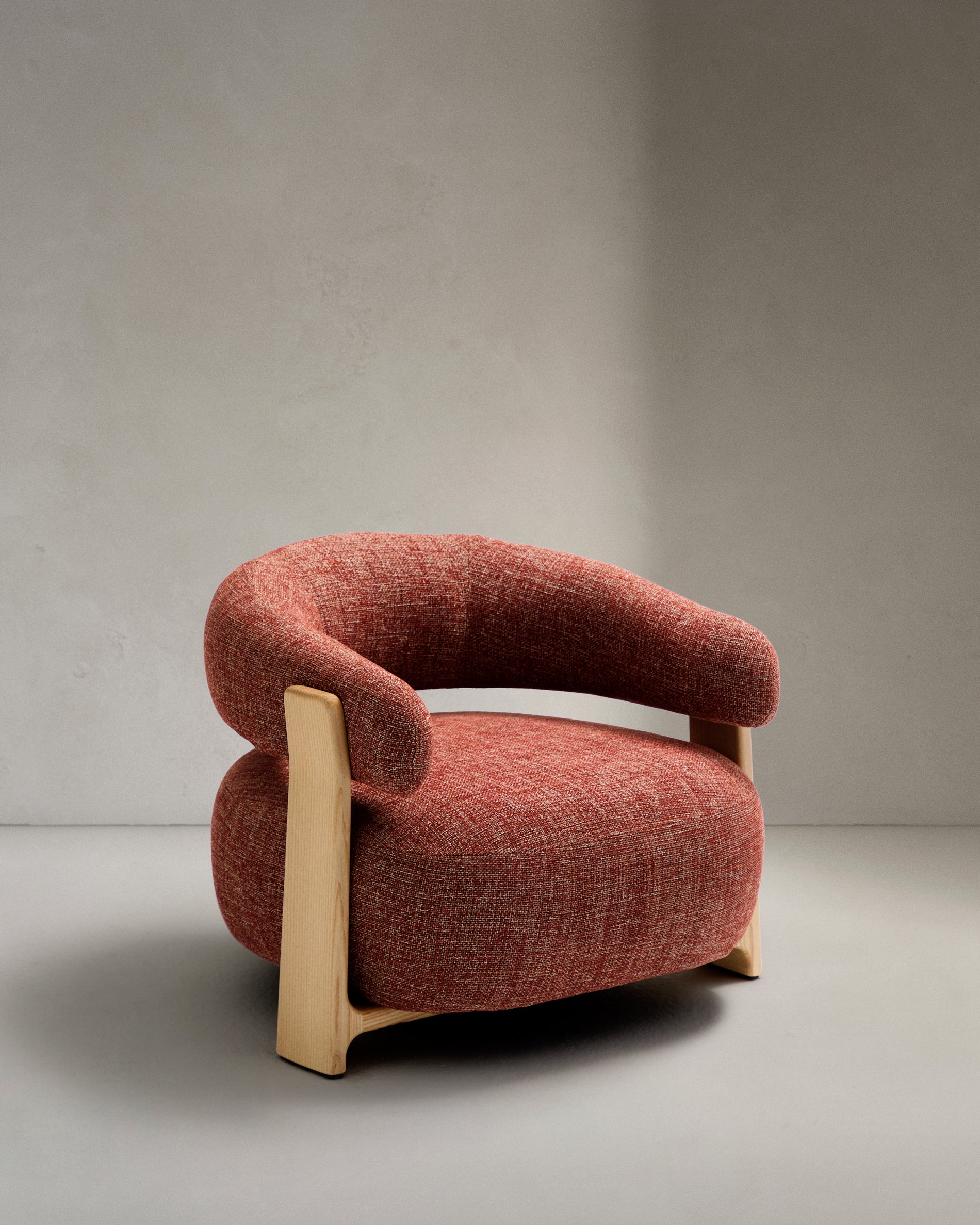 Granite terracotta chenille armchair with solid ash wood legs in a natural tone finish FSC 100%