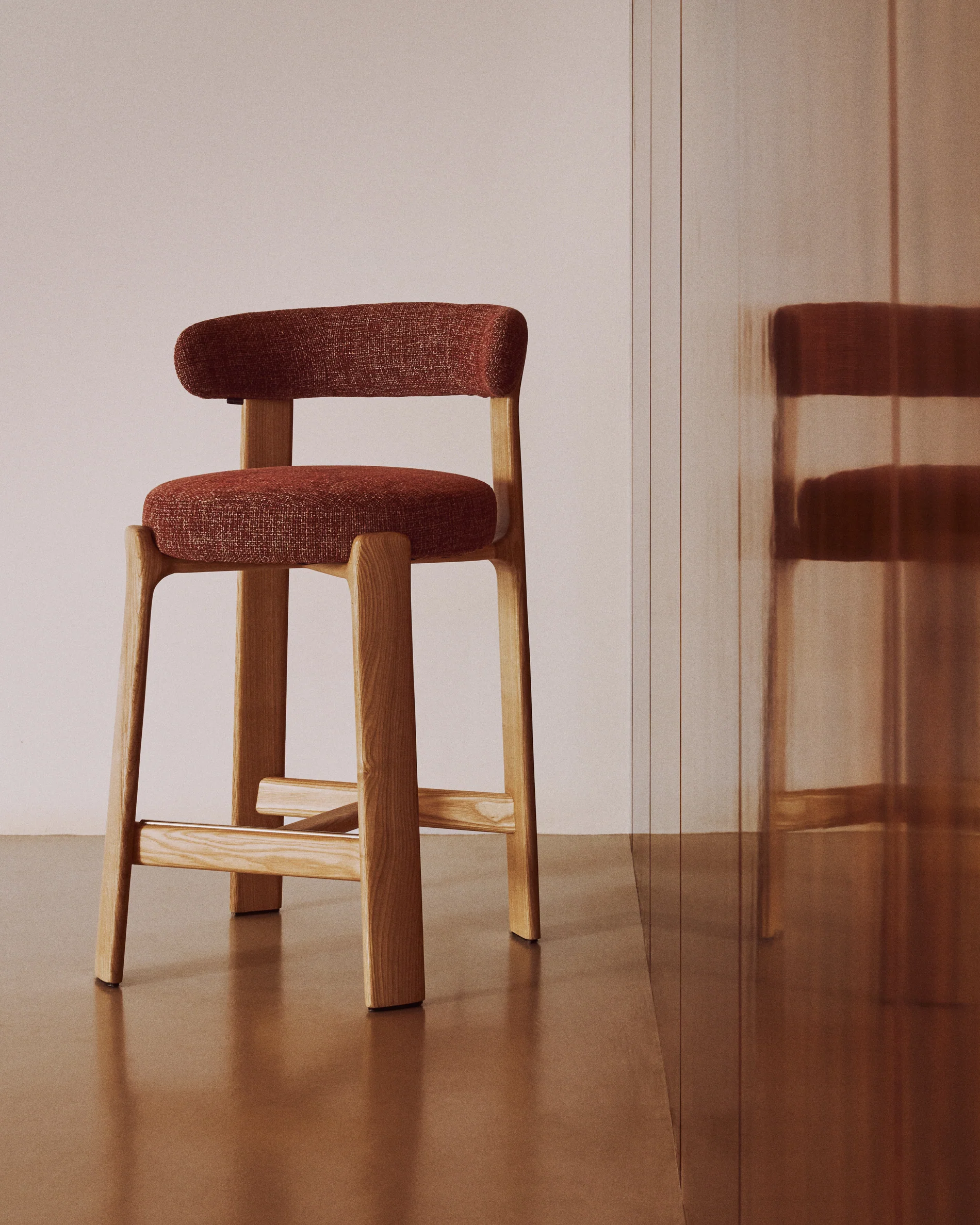 Granite stool in terracotta chenille and solid ash wood with natural tone finish FSC 100% 65cm