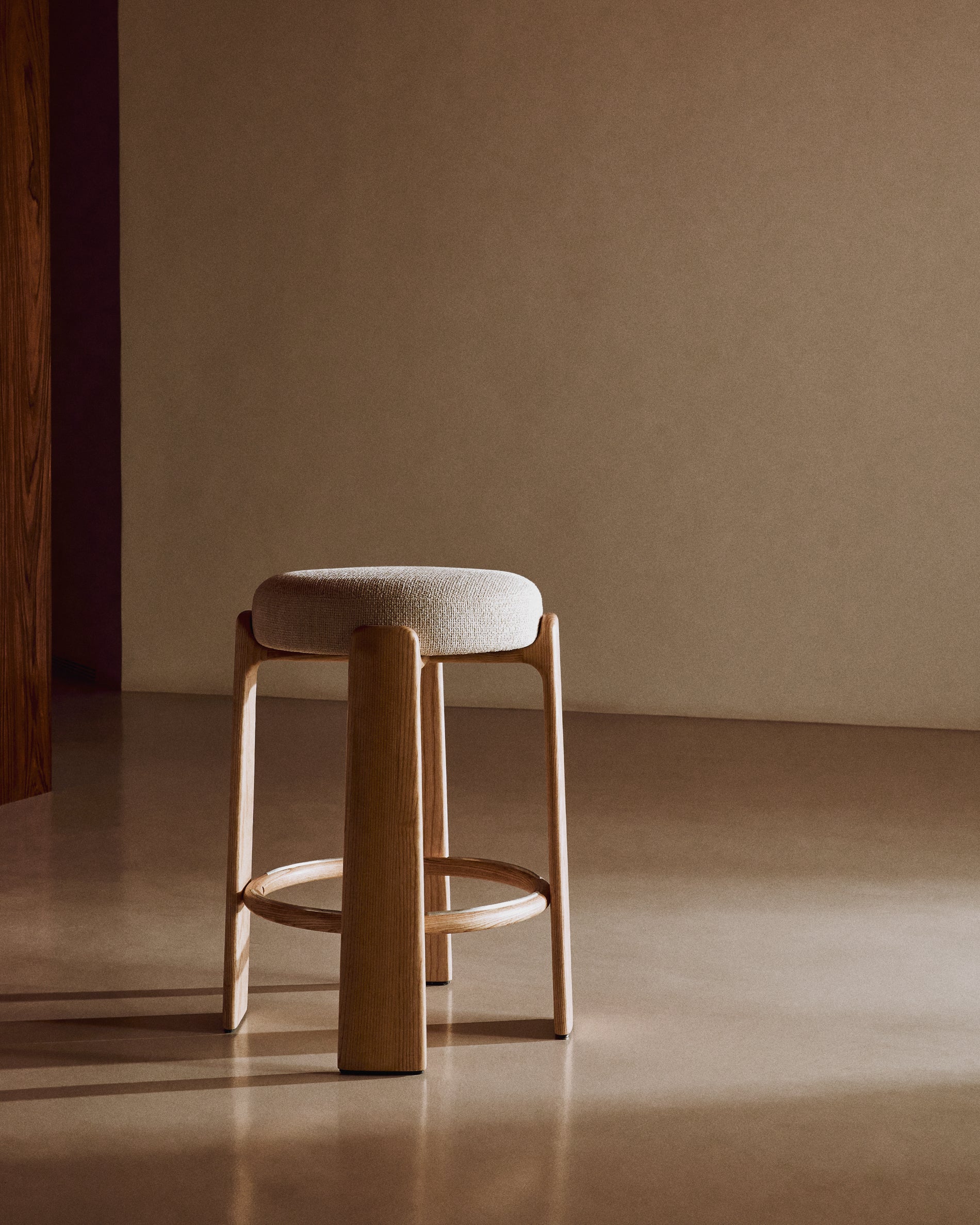 Granite stool in beige chenille and solid ash wood with natural tone finish FSC 100% 65cm