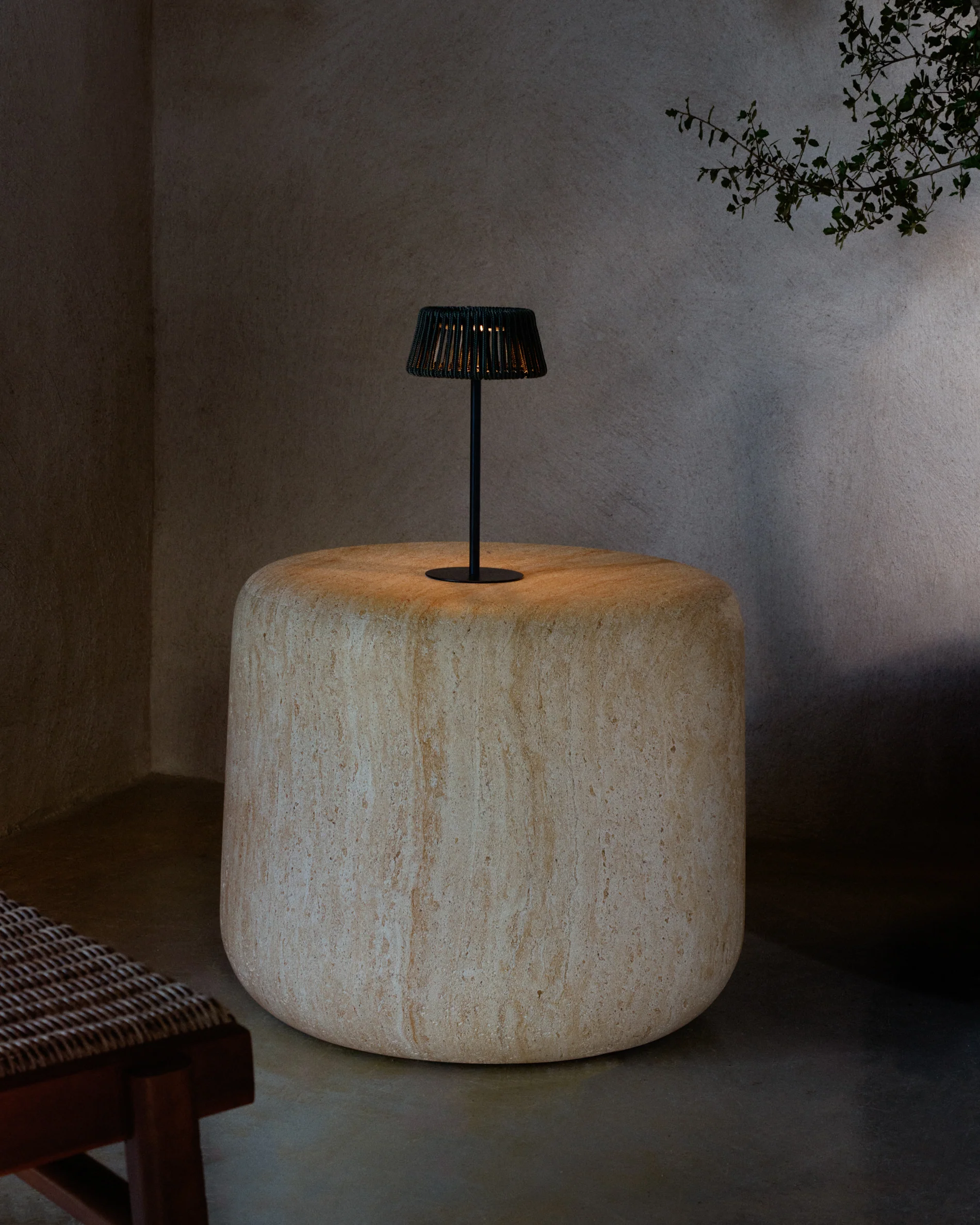 Aldet outdoor solar table lamp in black and green mottled rope cord with black metal stand