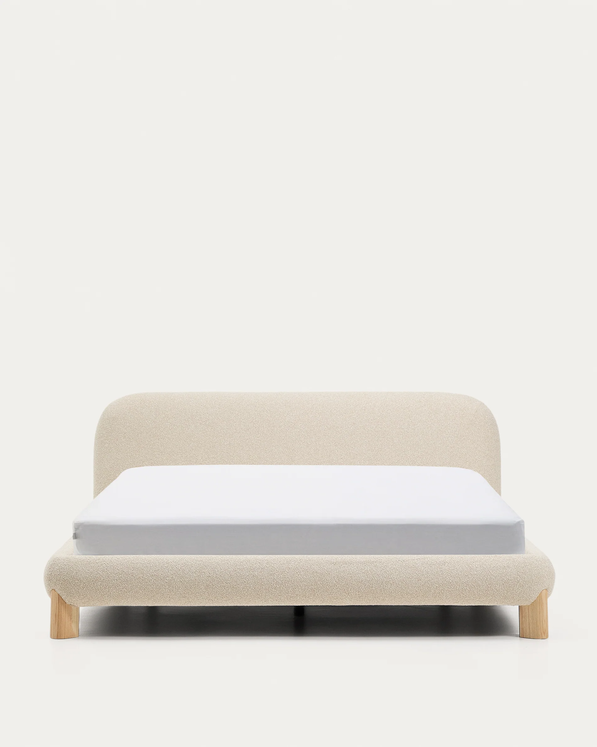 Odina ecru bouclé bed with removable cover and solid ash wood legs with natural finish for 180 x 200cm mattress
