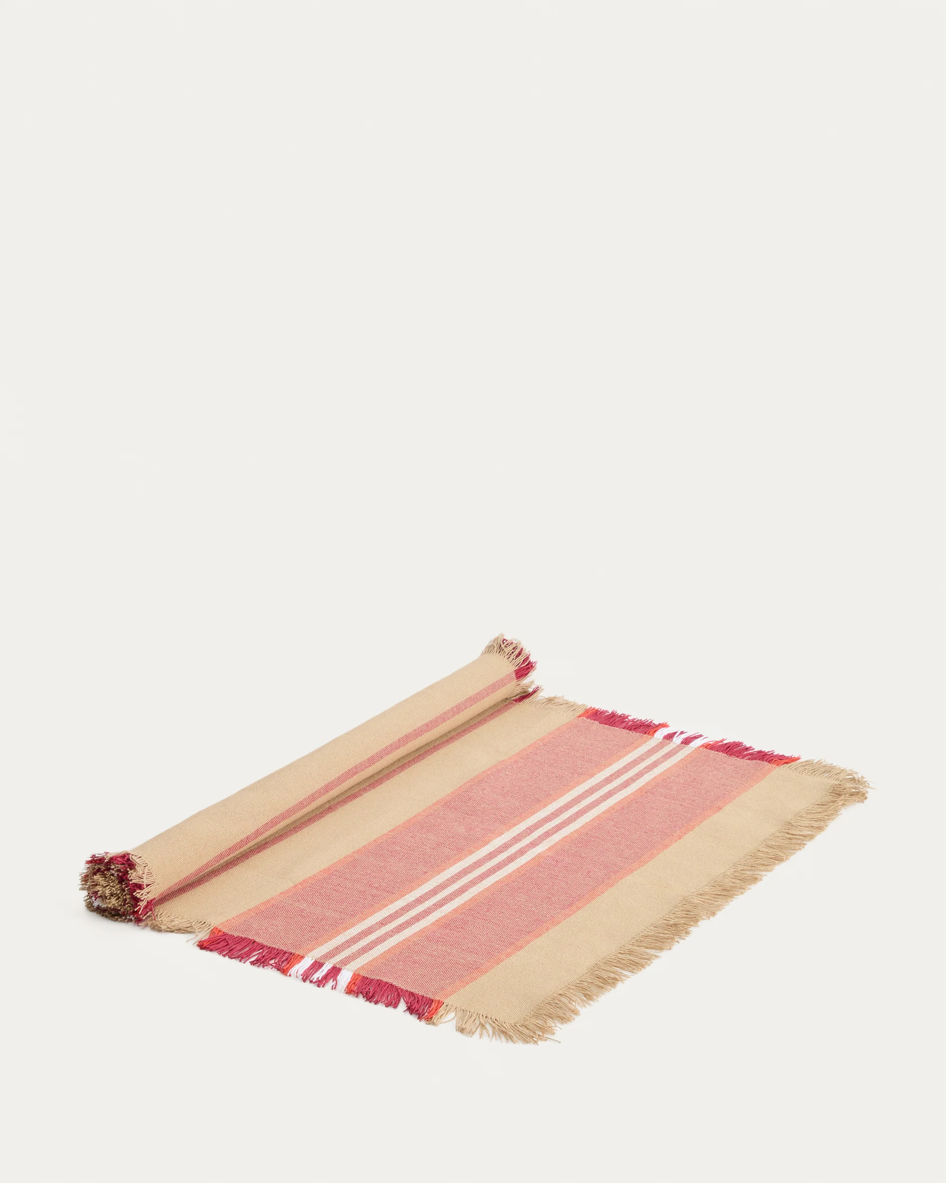 Davia 100% cotton table runner with red stripes and fringed detail 50 x 150cm