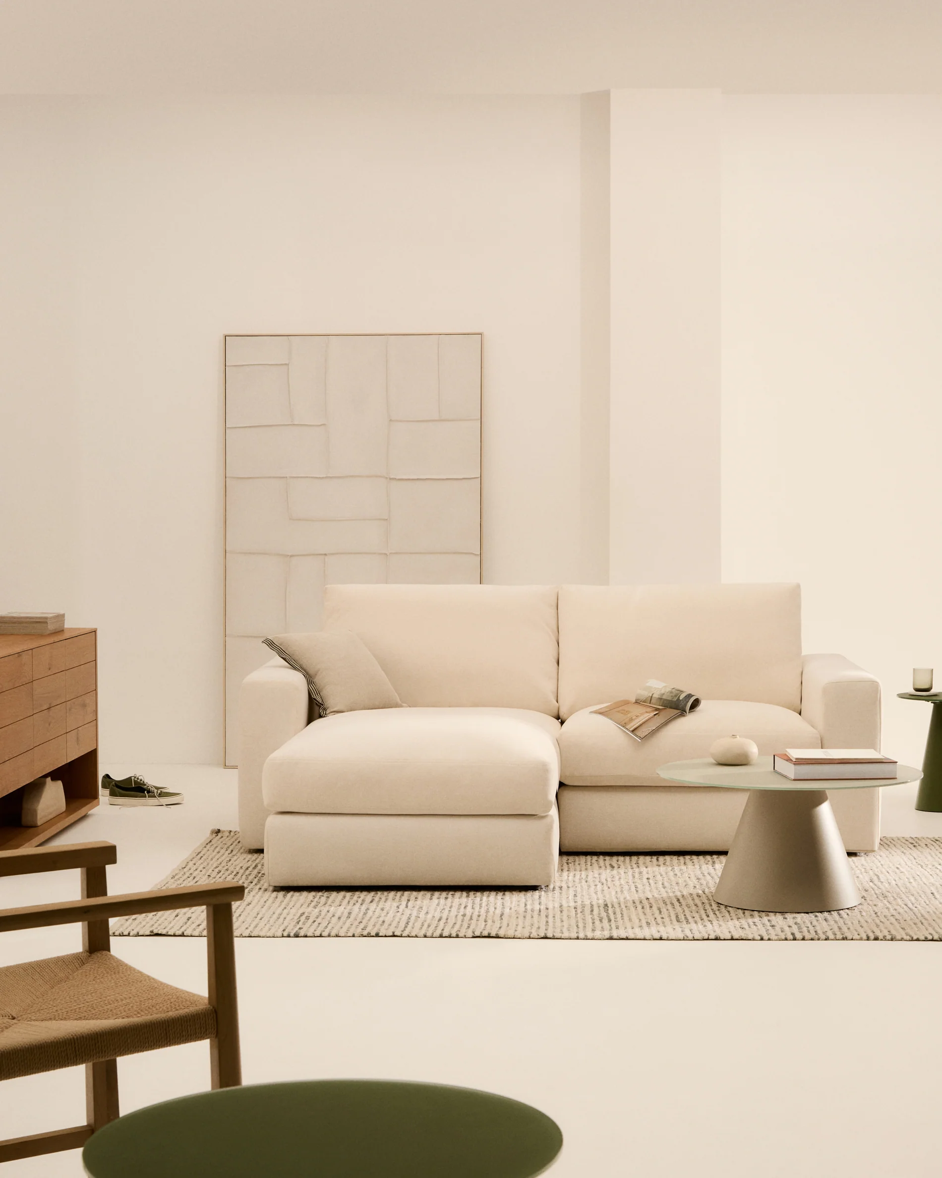 Alea ecru chenille 3-seater modular sofa with left chaise longue and removable cover 220cm