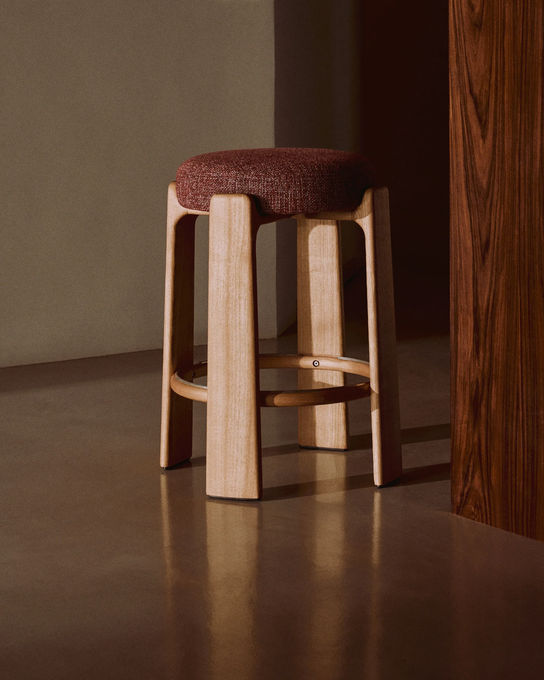 Granite stool in terracotta chenille and solid ash wood with a natural tone finish FSC 100% 65cm