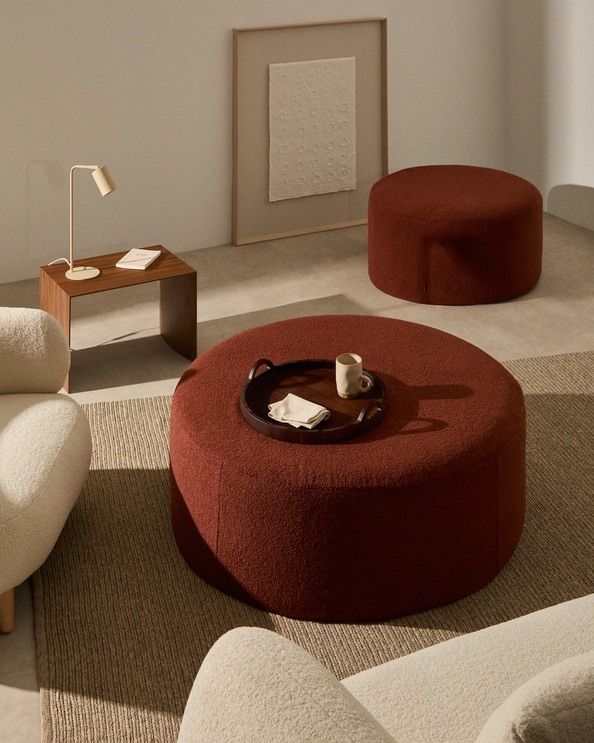 Kaeli footrest with removable cover in terracotta bouclé Ø 90 cm