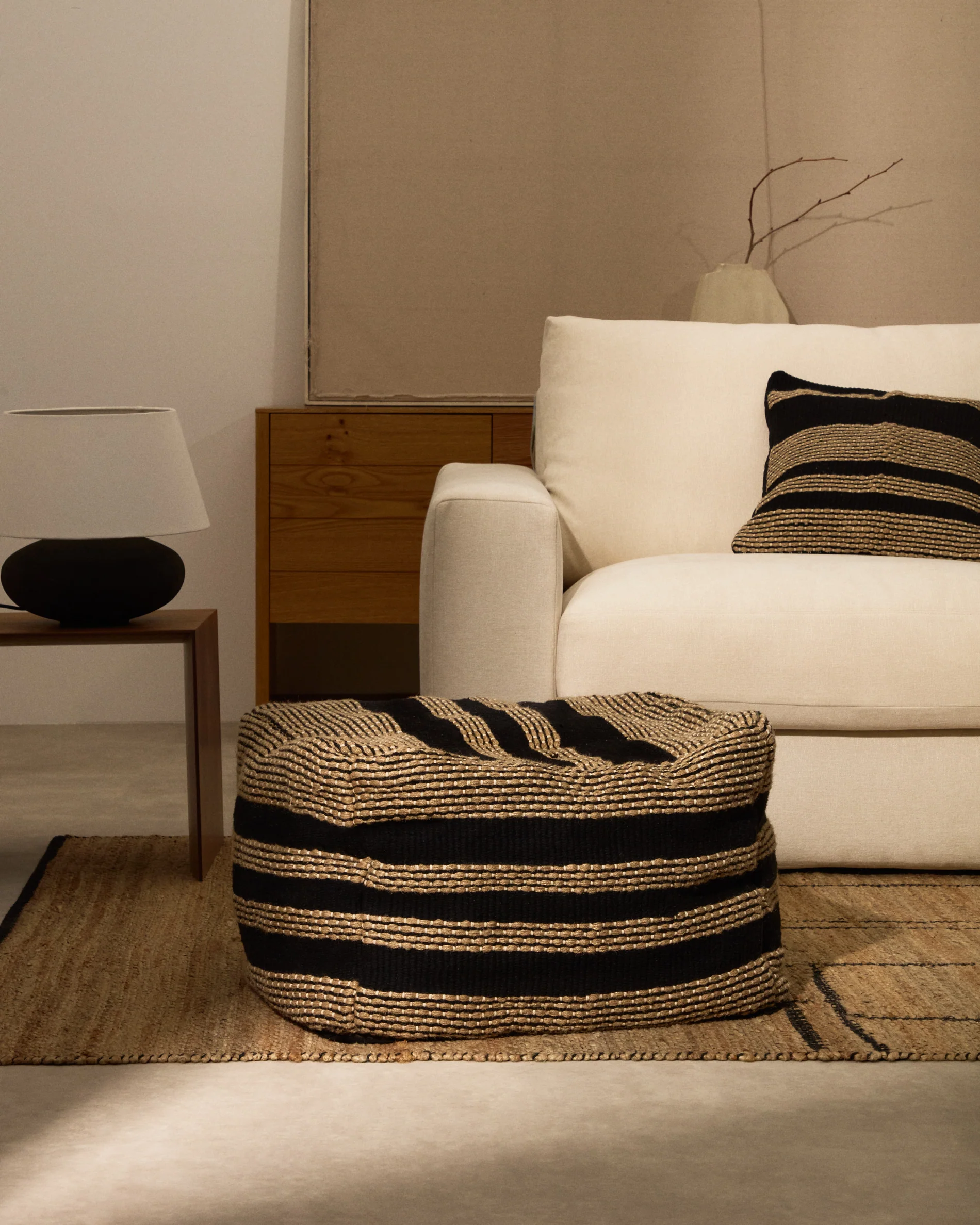 Aylin beige and black jute-embroidered cotton pouf 60 x 60 cm