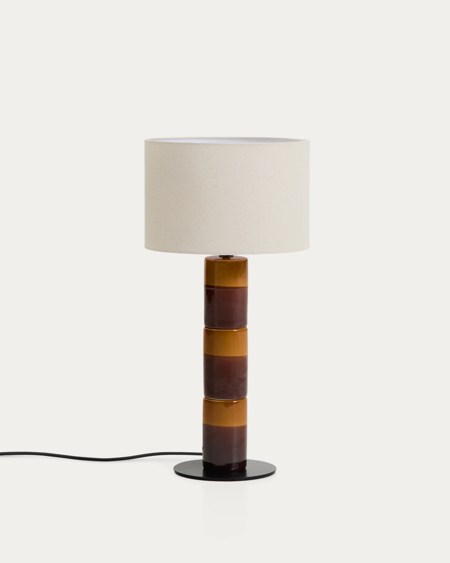 Mavran table lamp with brown and mustard ceramic base and cotton lampshade