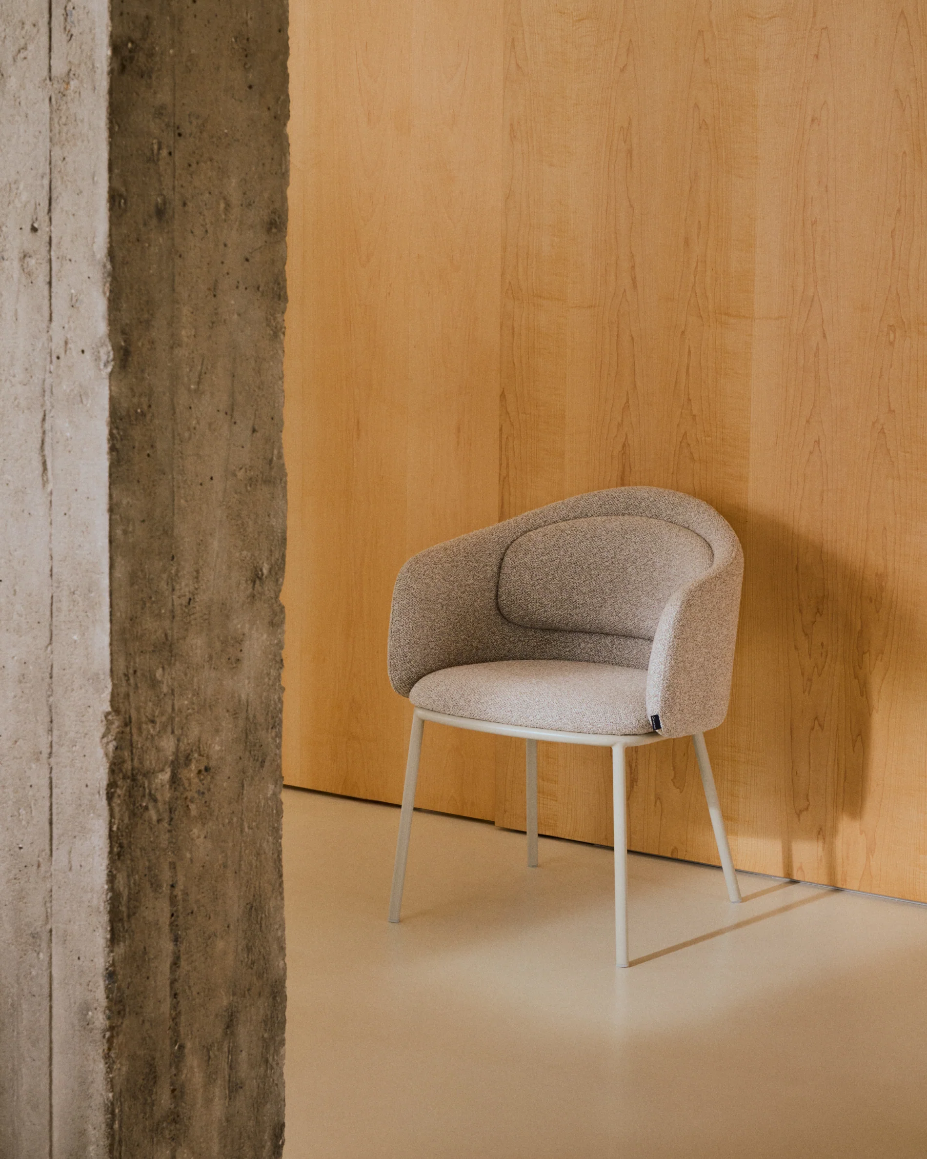 Idaira chair in thick beige chenille and steel legs in a beige finish, FSC Mix Credit
