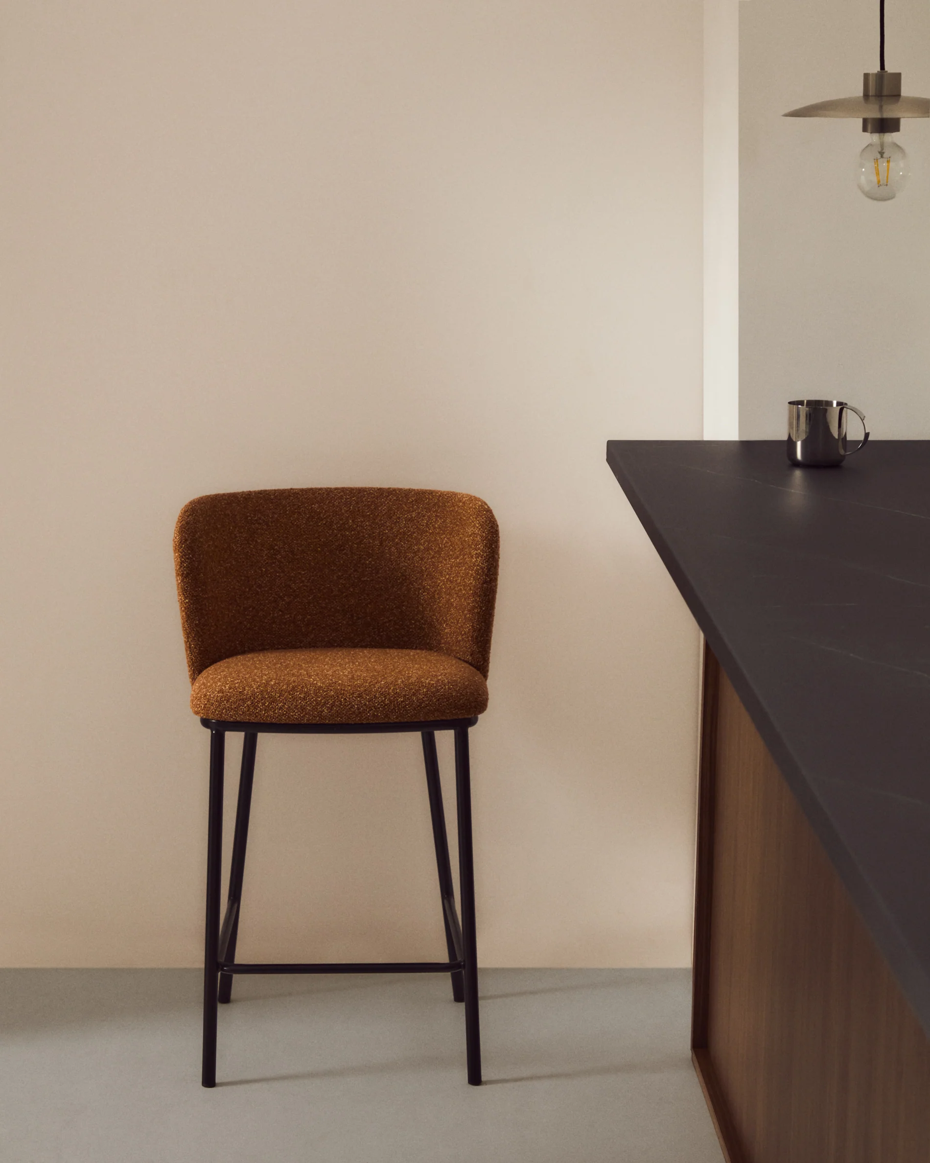 Ciselia terracotta thick chenille stool with black finish steel legs FSC Mix Credit 65cm