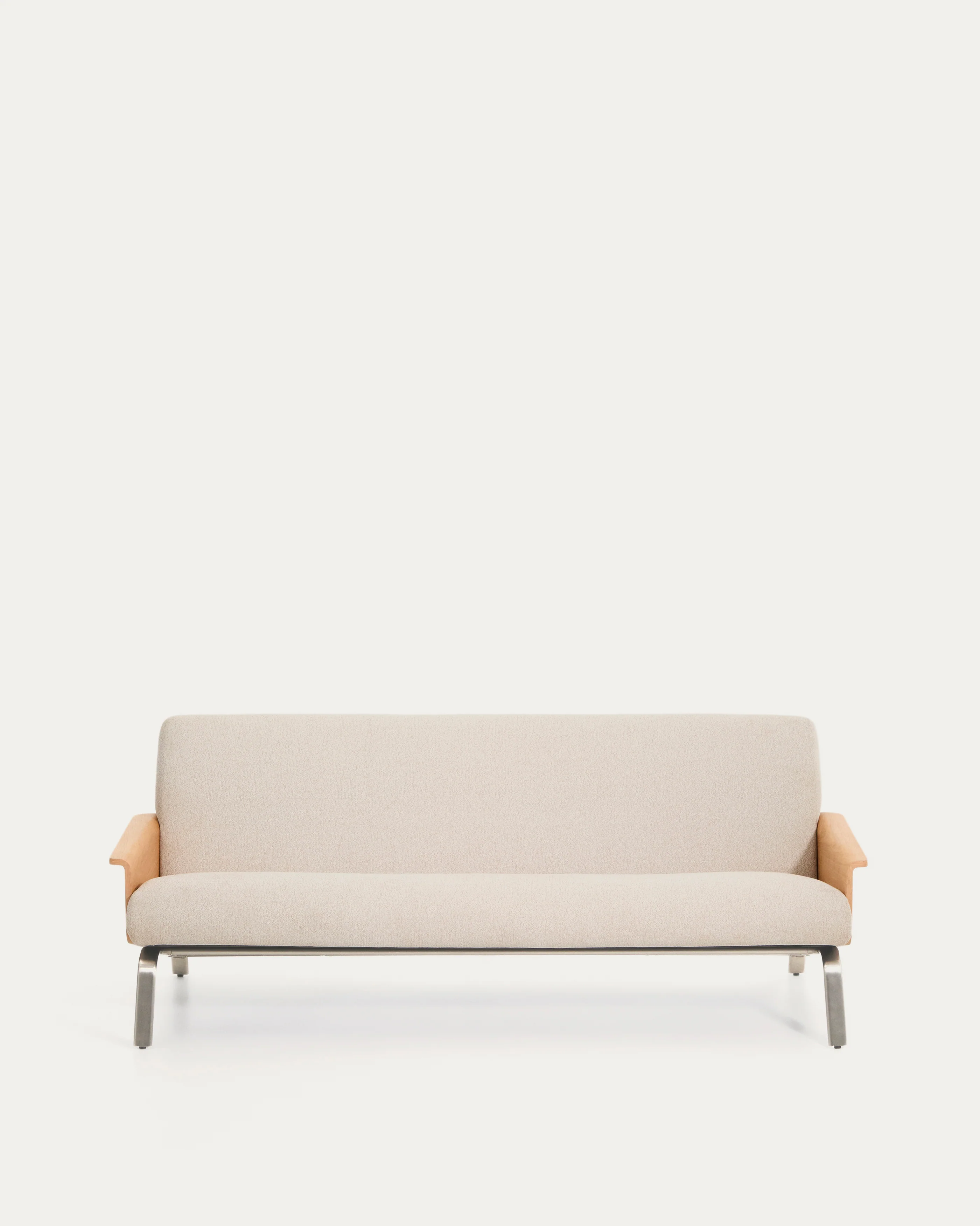 Amsen beige chenille 3-seater sofa in oak plywood with brushed stainless steel legs 205cm