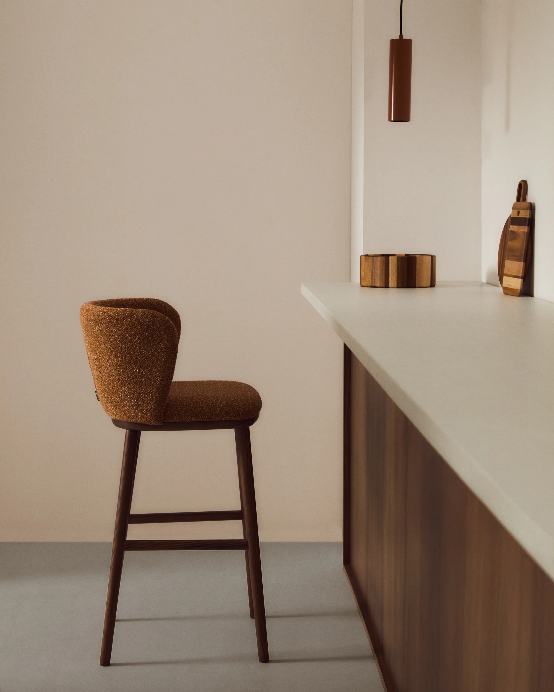 Ciselia terracotta thick chenille stool with solid ash wood legs with walnut-coloured finish FSC Mix Credit 75cm