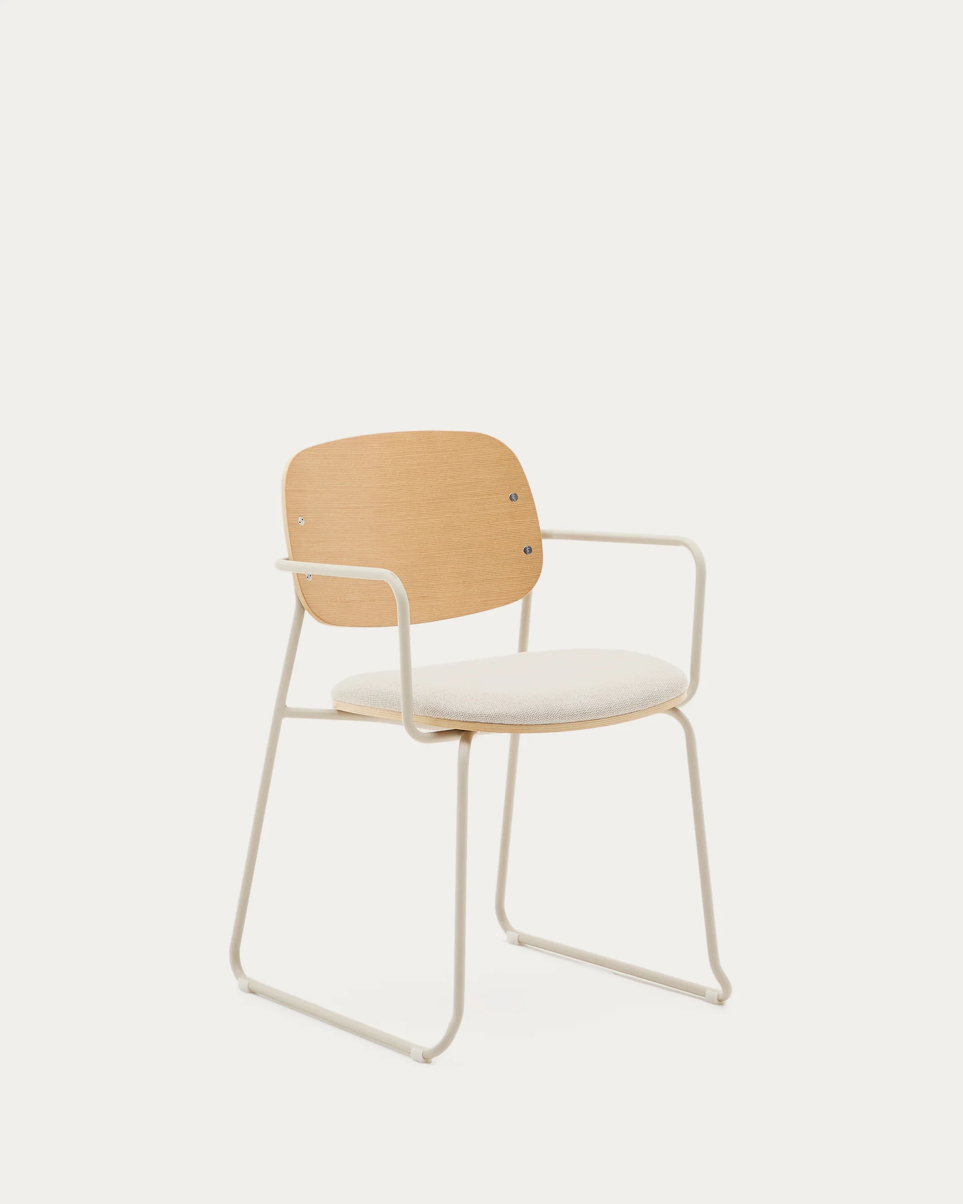 Meli chair in ash veneer with beige chenille seat and beige metal structure FSC Mix Credit