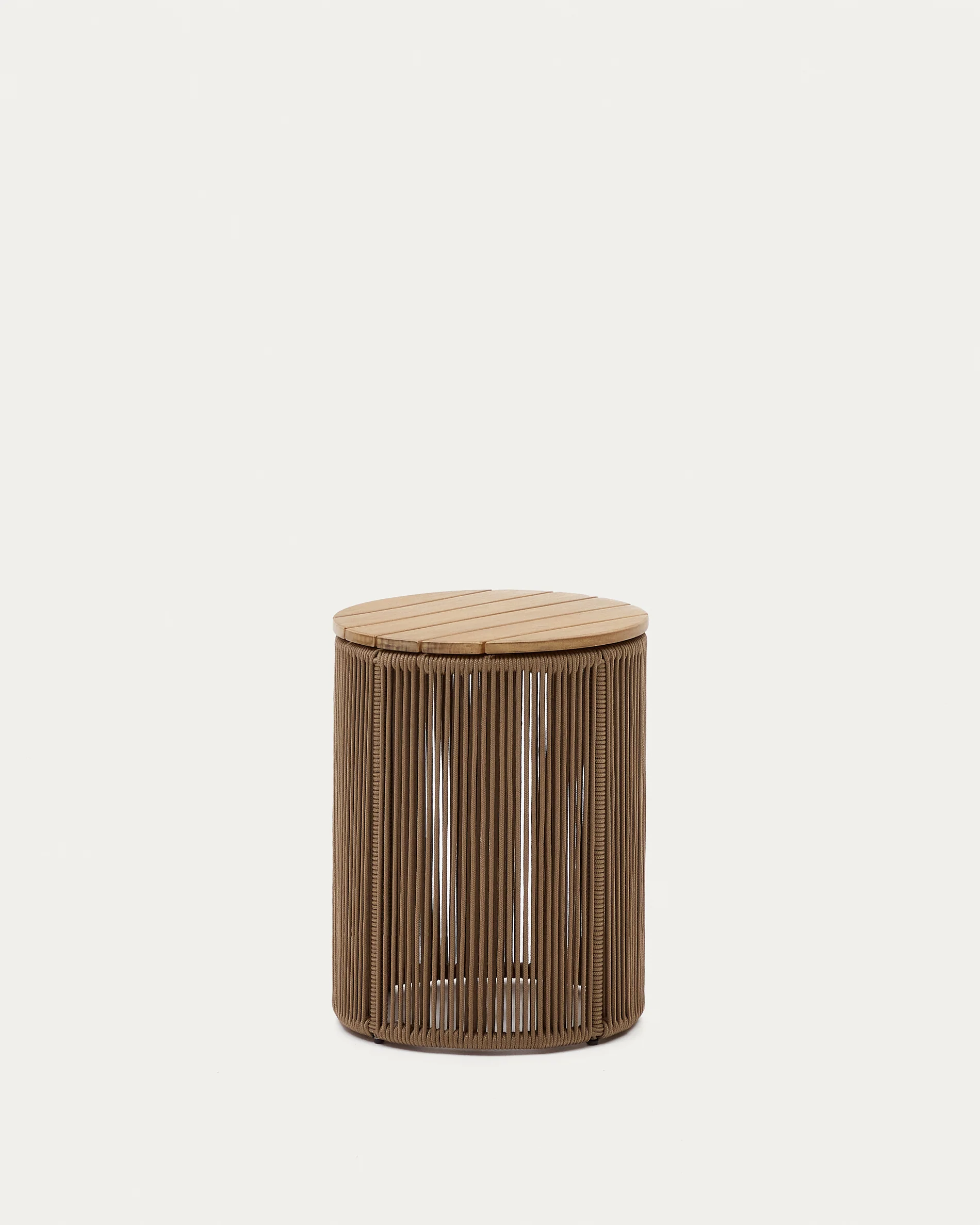 Dandara side table made of steel, beige cord and solid acacia wood, Ø40 cm FSC 100%