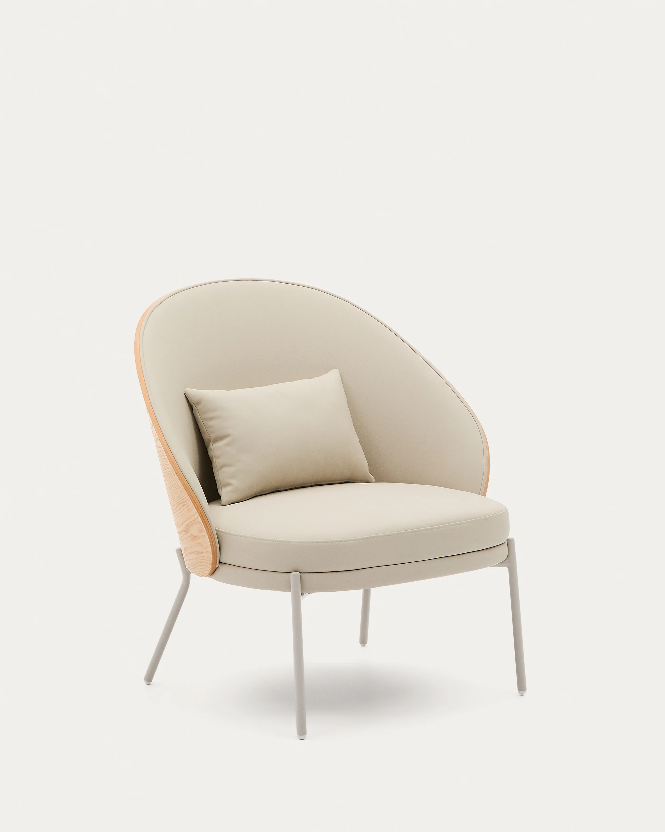 Eamy armchair in beige faux leather, ash veneer with natural finish and beige metal
