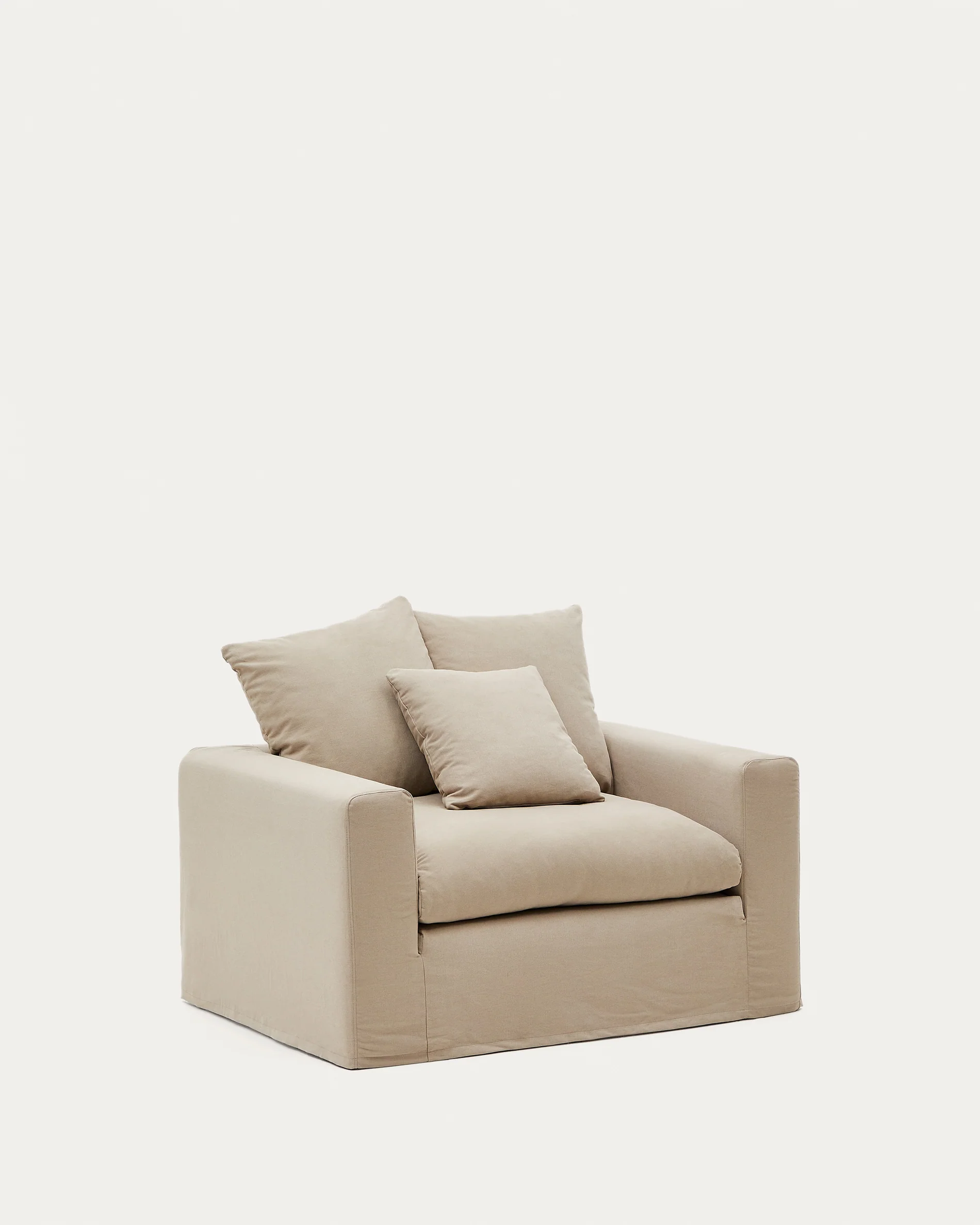 Nora armchair with removable cover with linen and cotton cushion in taupe 140cm