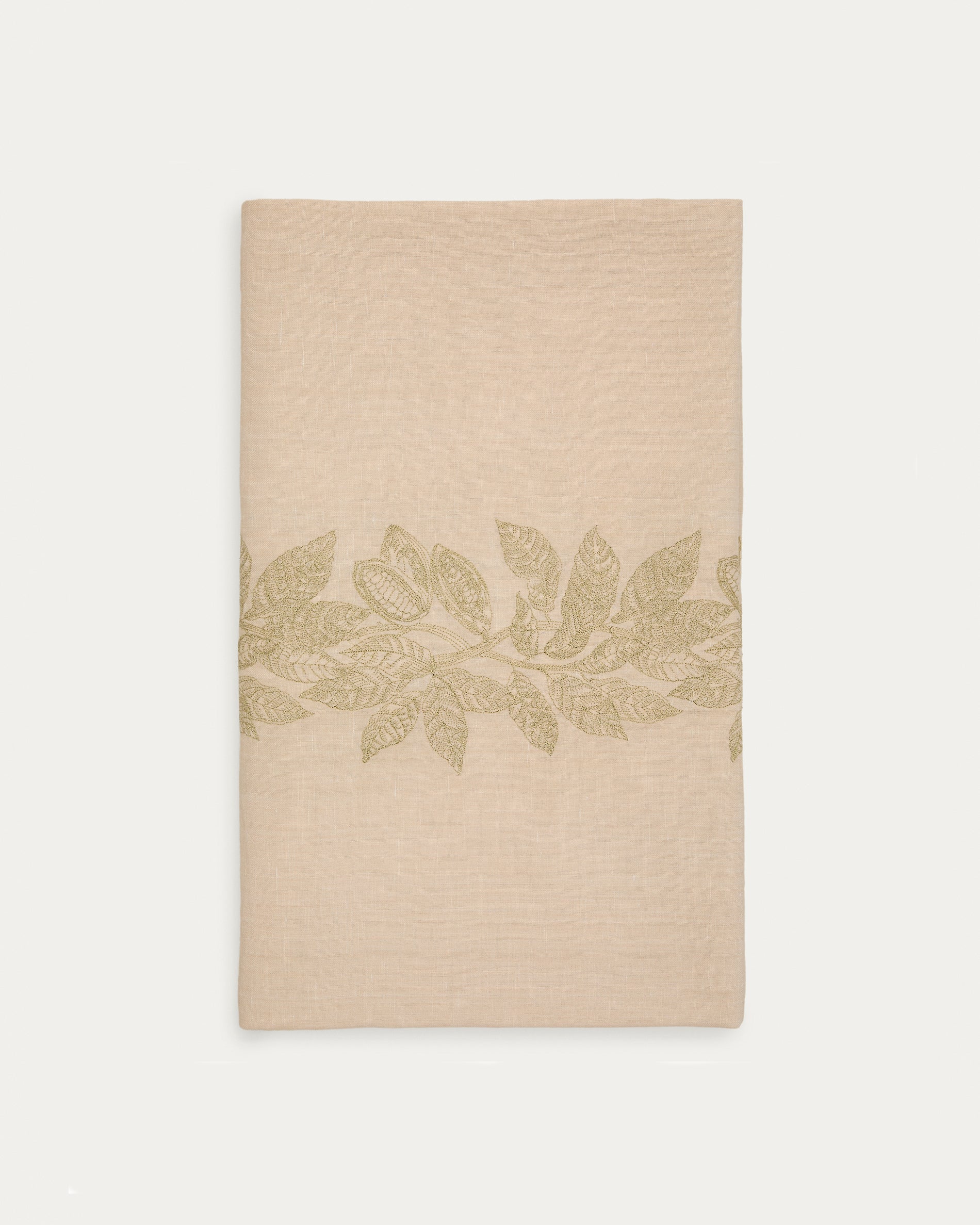 Oreti tablecloth in beige cotton and linen and cocoa embroidery feature, 150x250cm