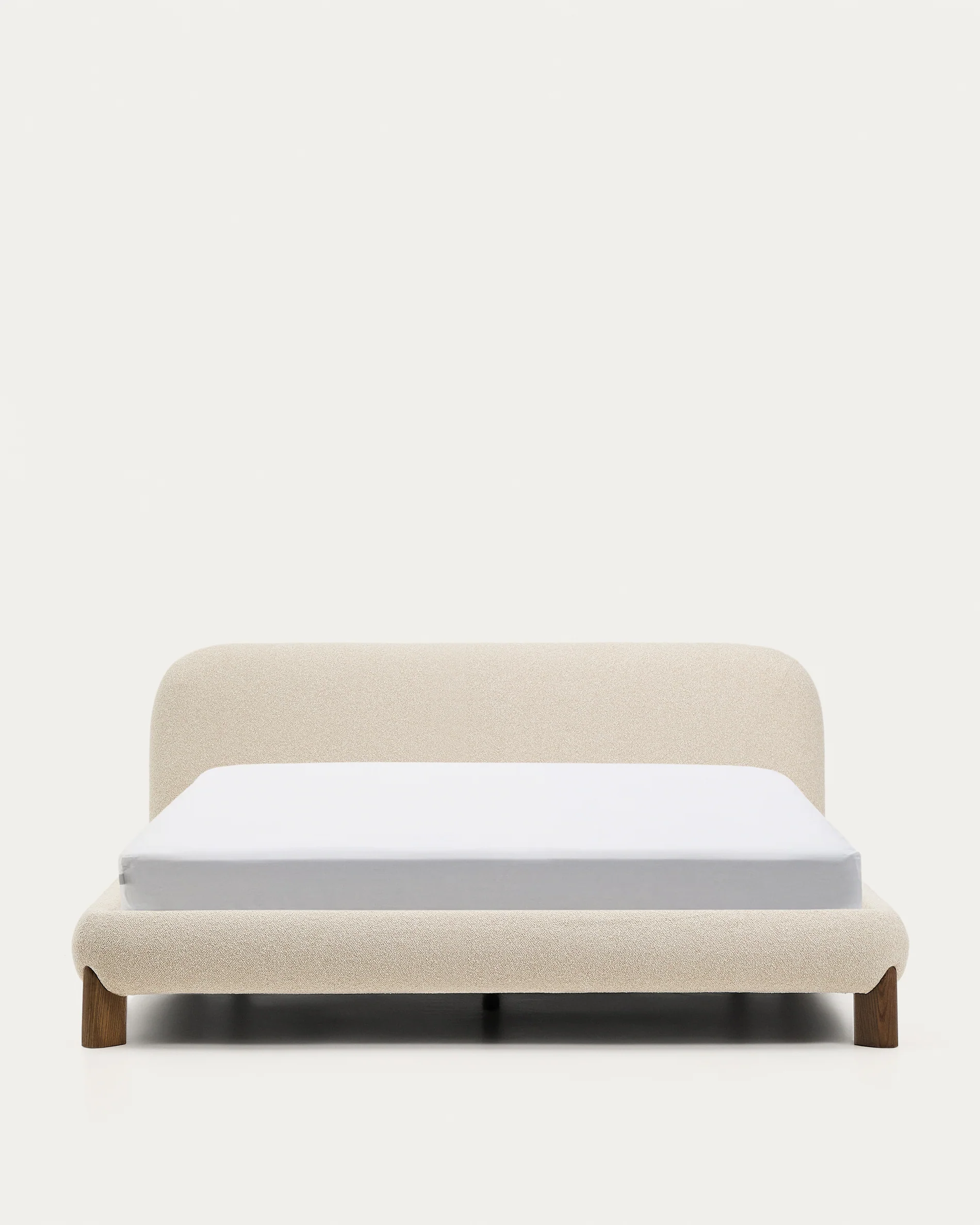 Odina ecru bouclé bed with removable cover and solid ash wood legs with walnut finish for 180 x 200cm mattress