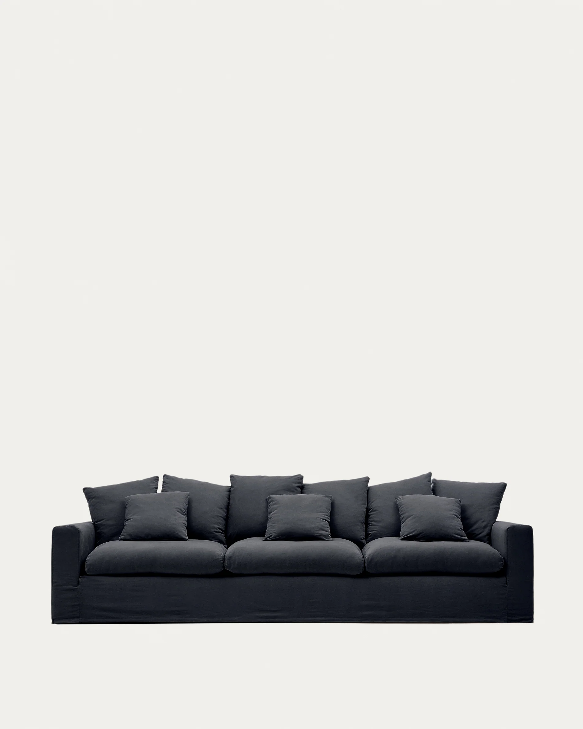 Nora 4-seater sofa with removable cover with linen and cotton cushions in anthracite grey 340cm