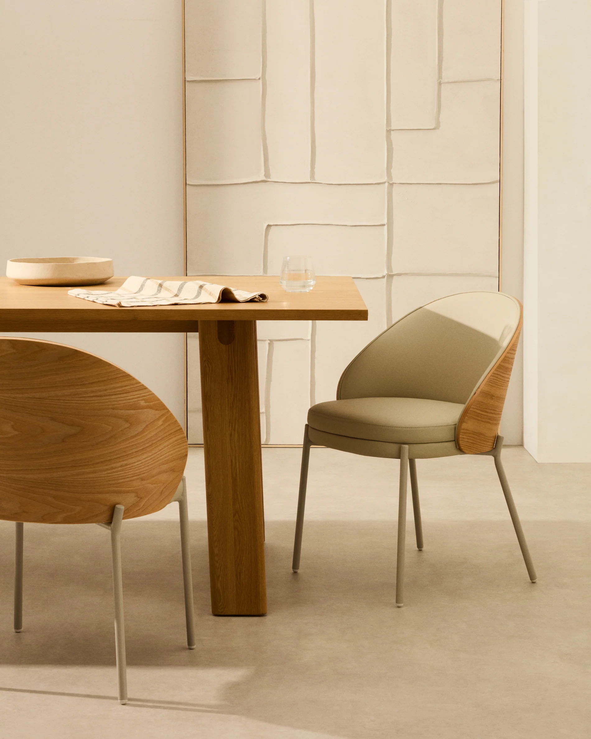 Eamy beige faux leather chair, ash veneer with natural finish and beige metal