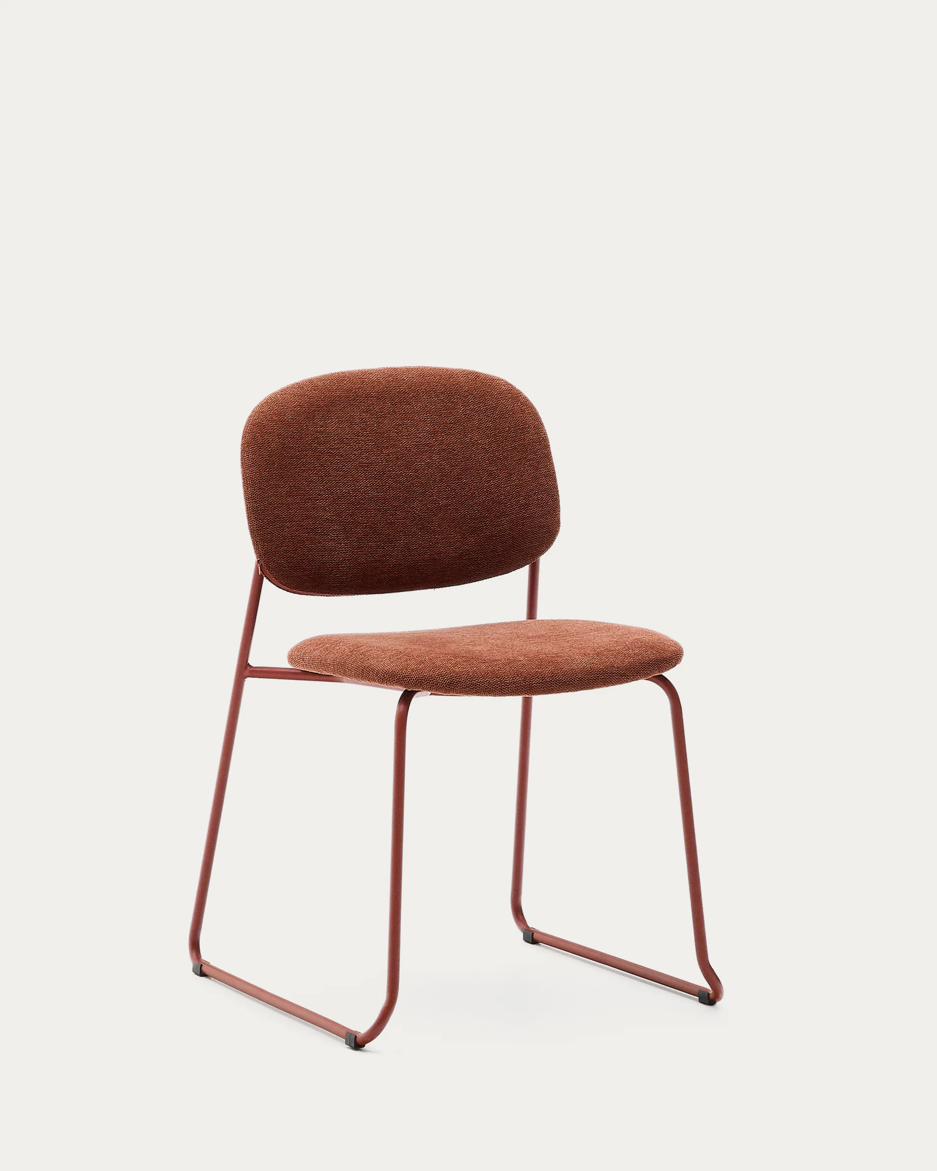 Meli stackable chair in terracotta chenille with terracotta metal legs FSC Mix Credit