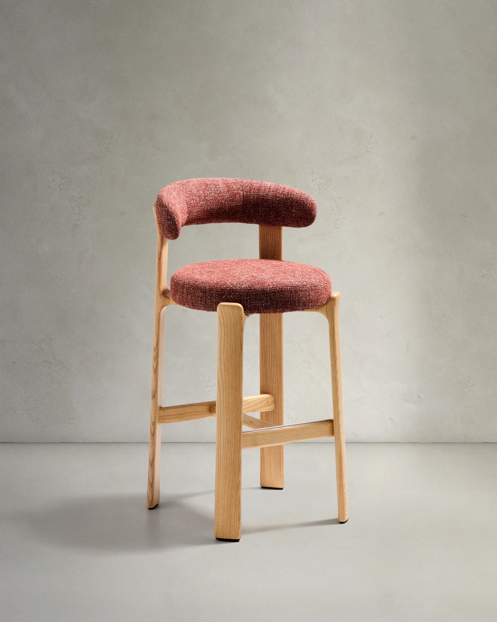 Granite stool in terracotta chenille and solid ash wood with natural tone finish FSC 100% 75cm