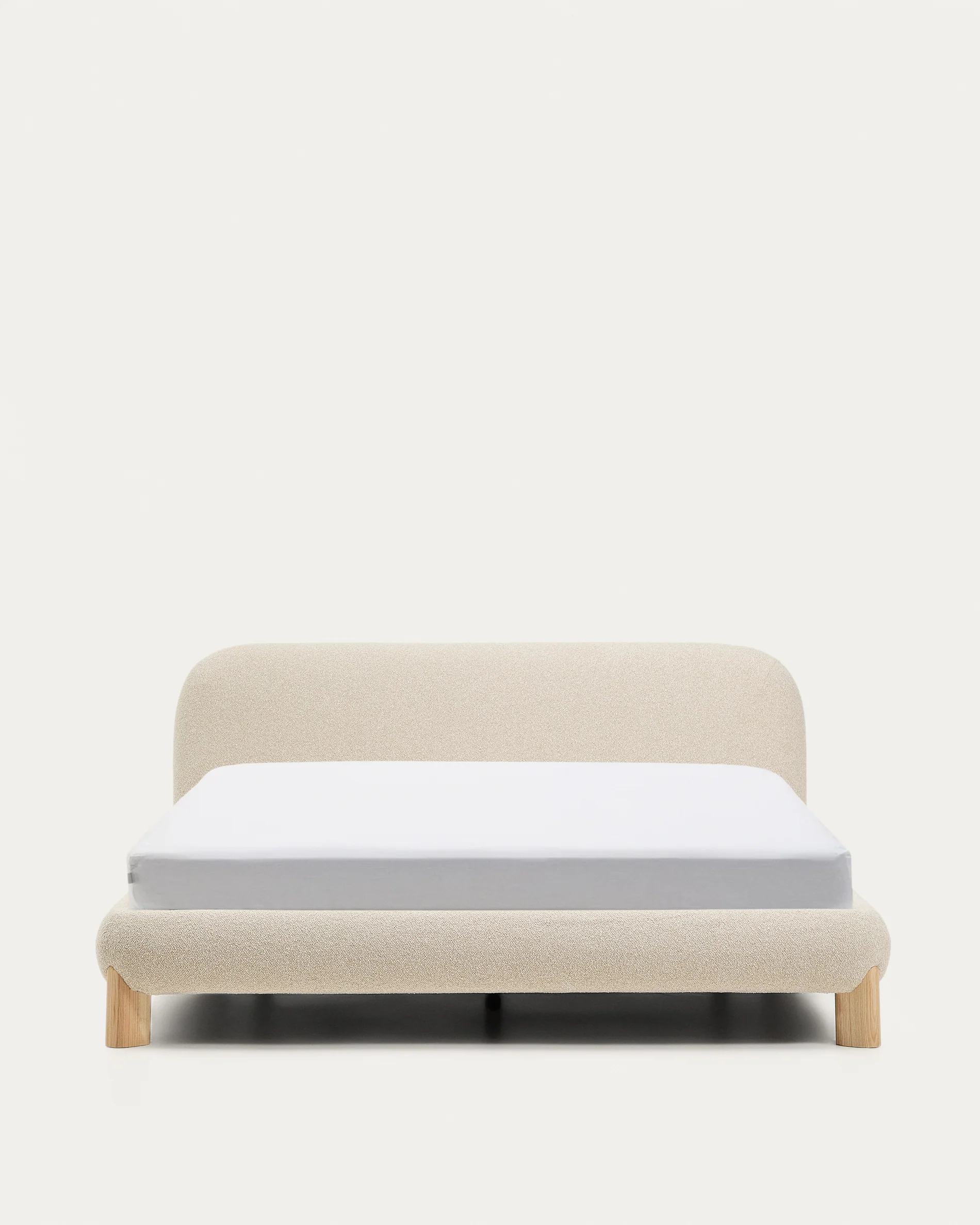 Odina ecru bouclé bed with removable cover and solid ash wood legs with natural finish for 160 x 200cm mattress