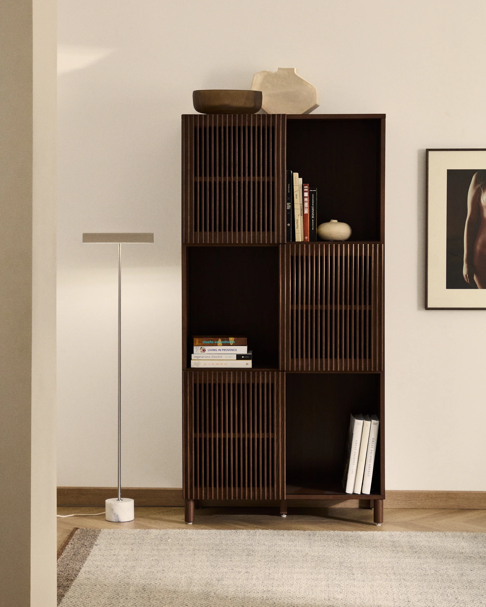 Beyla shelf unit in ash veneer and solid ash wood with walnut finish 84.5 x 170cm FSC 100%