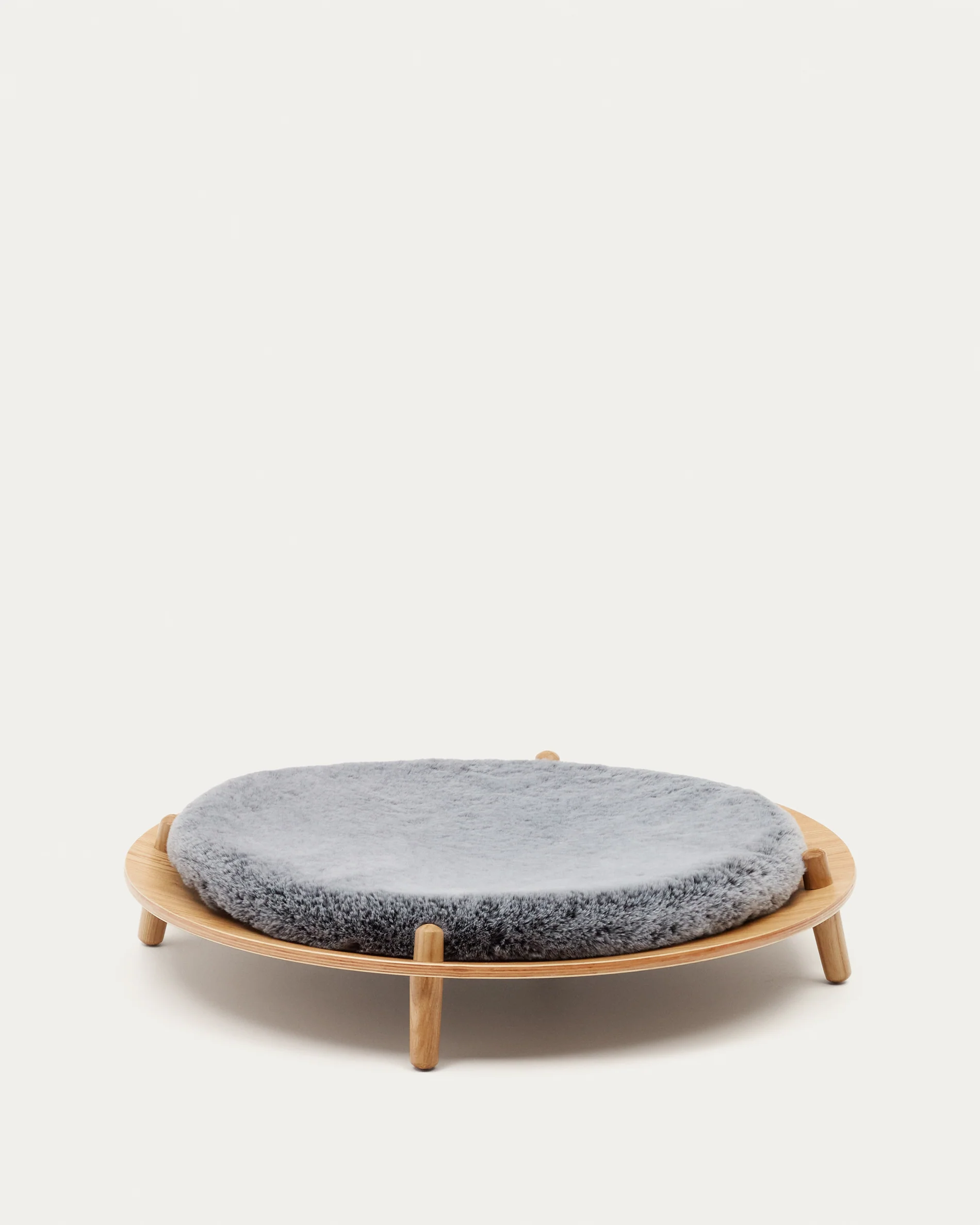 Bunola bed for pets made of ash plywood and cushion in grey fur, Ø 70 cm
