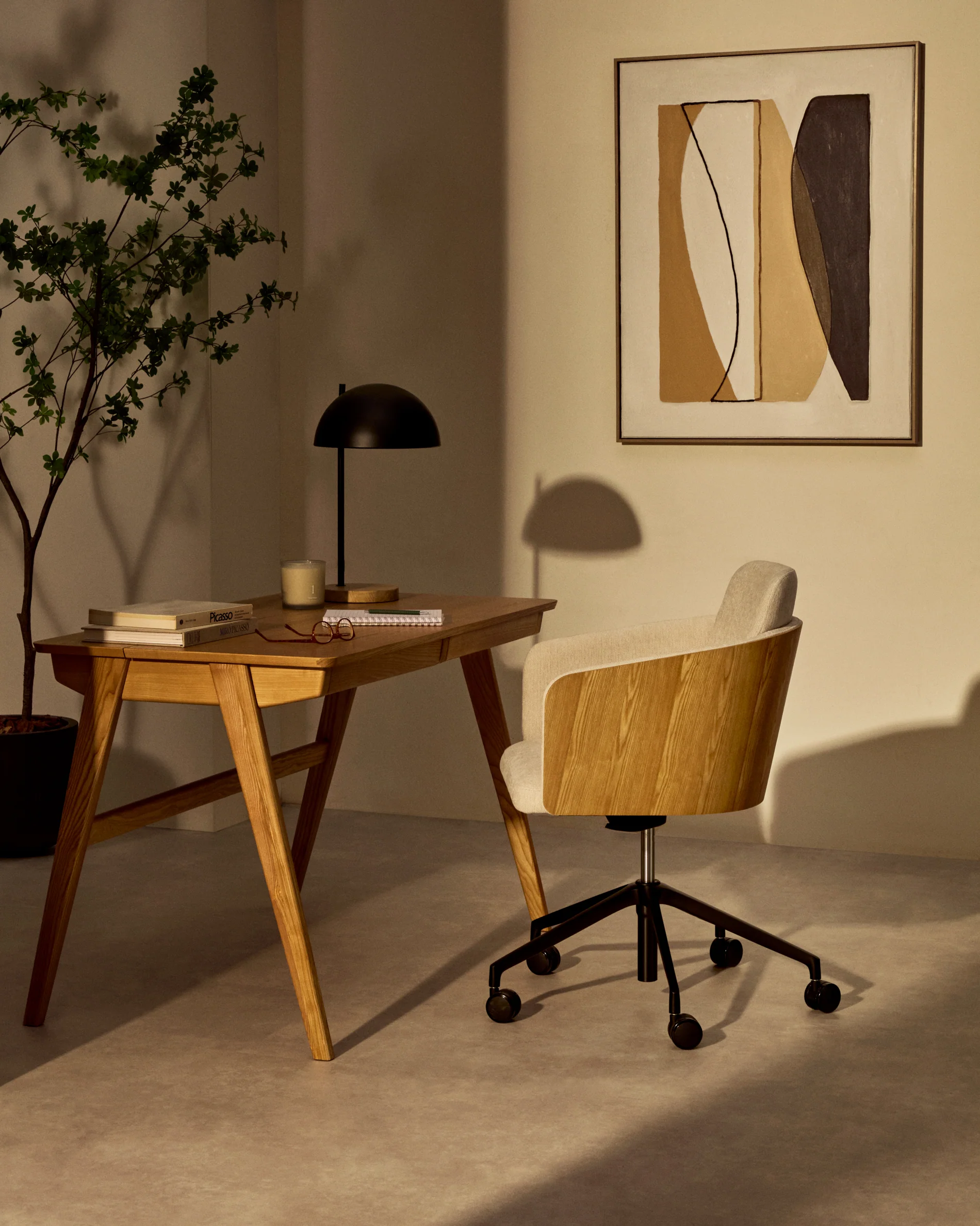 Madai desk chair in beige chenille and ash veneer with natural tone finish FSC Mix Credit