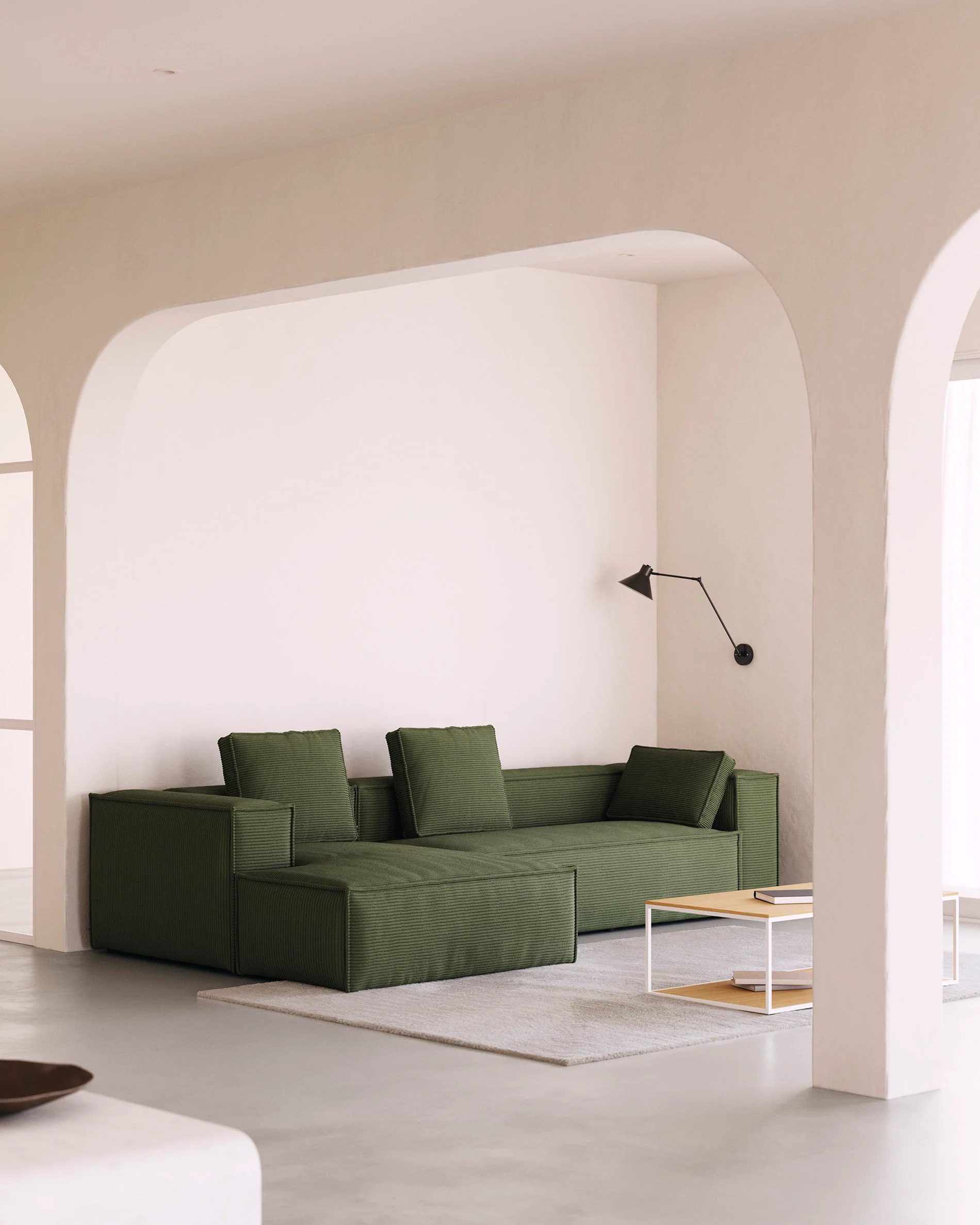 Blok 4-seater left chaise longue sofa in green thick corduroy 330cm FSC Mix Credit