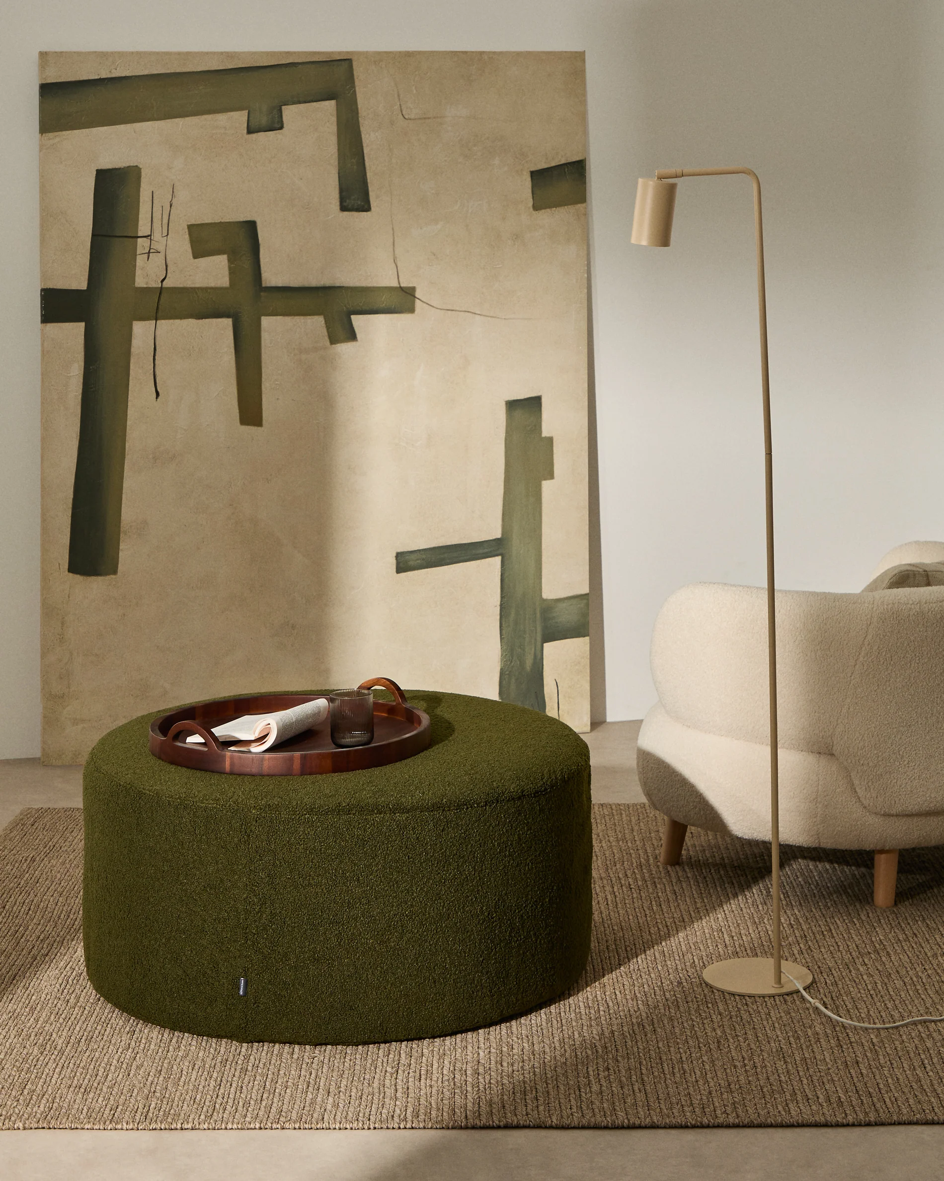 Kaeli footrest with removable cover in green bouclé Ø 90 cm