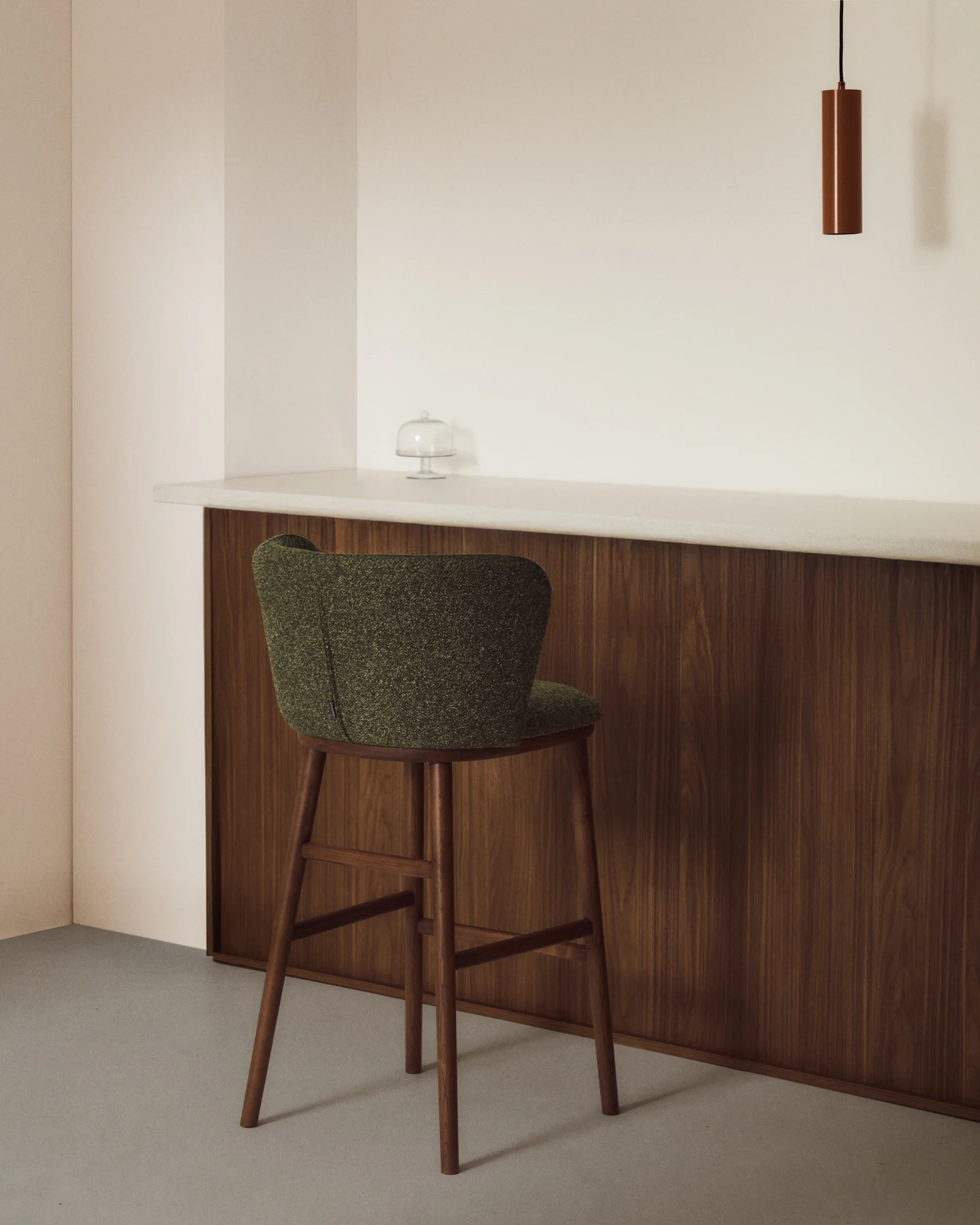 Ciselia dark green thick chenille stool with solid ash wood legs with walnut-coloured finish FSC Mix Credit 65cm