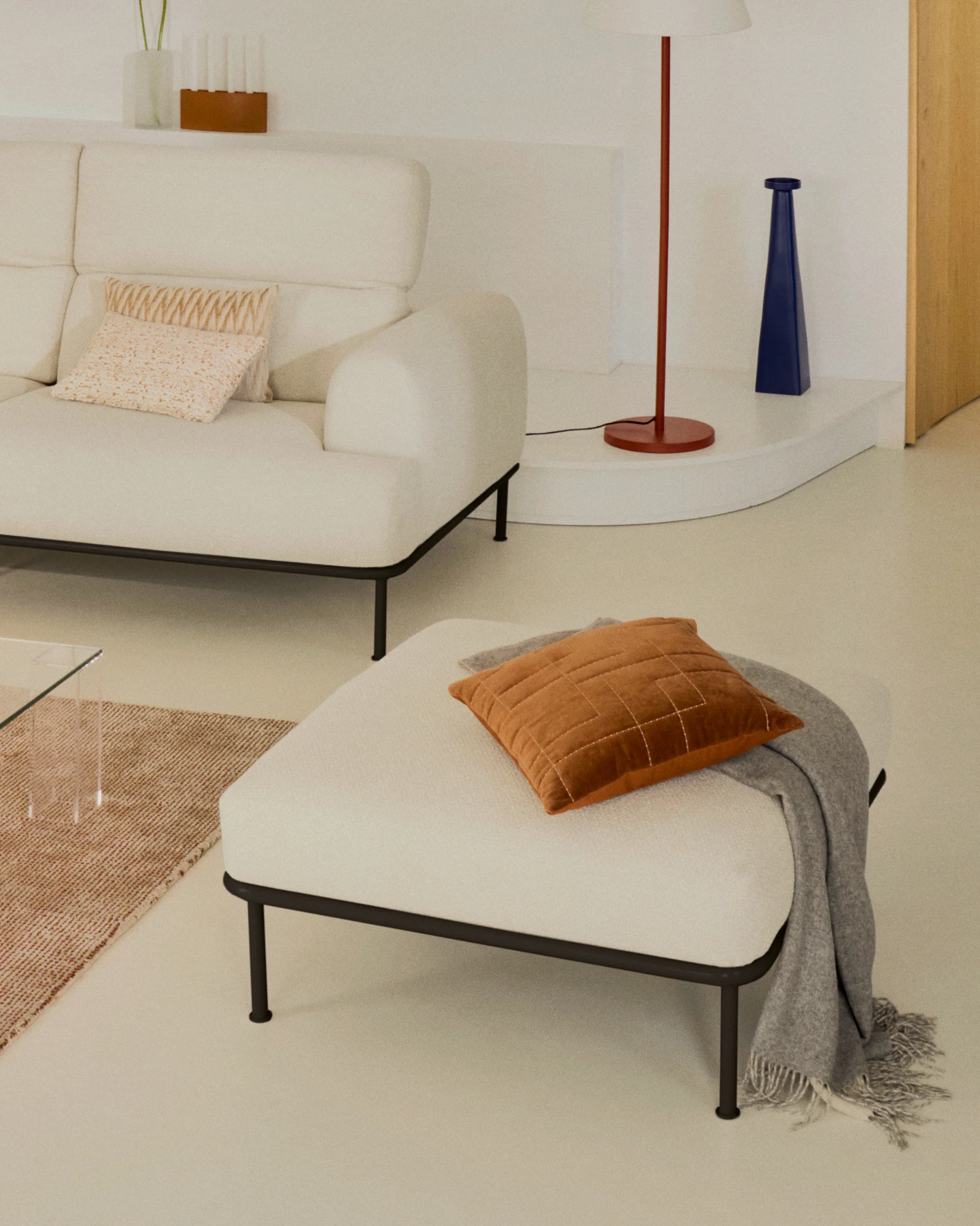 Aurum ecru chenille footrest with matte grey metal base 85 x 85cm FSC Mix Credit