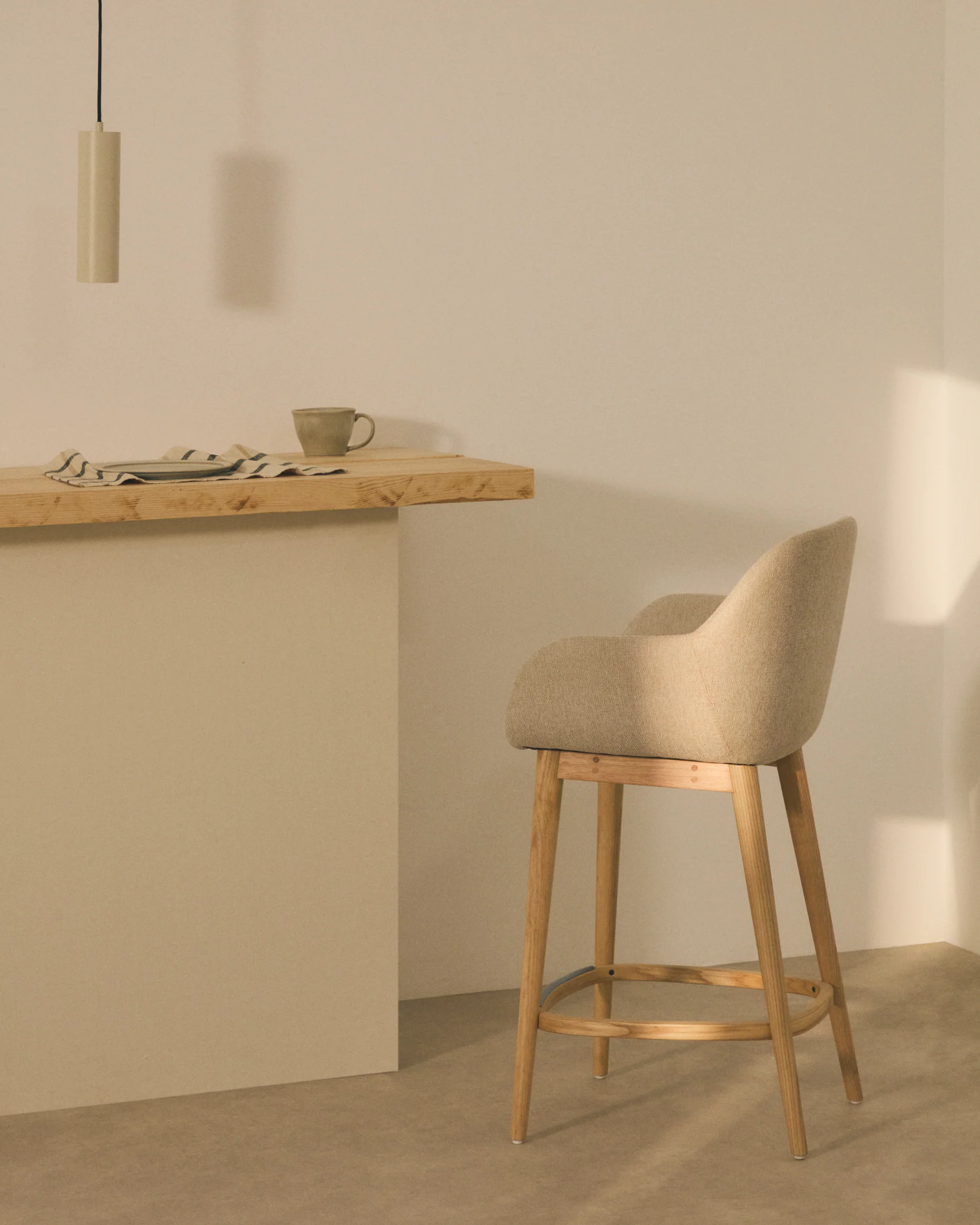 Konna stool in beige and solid ash wood legs in a light finish, 65 cm