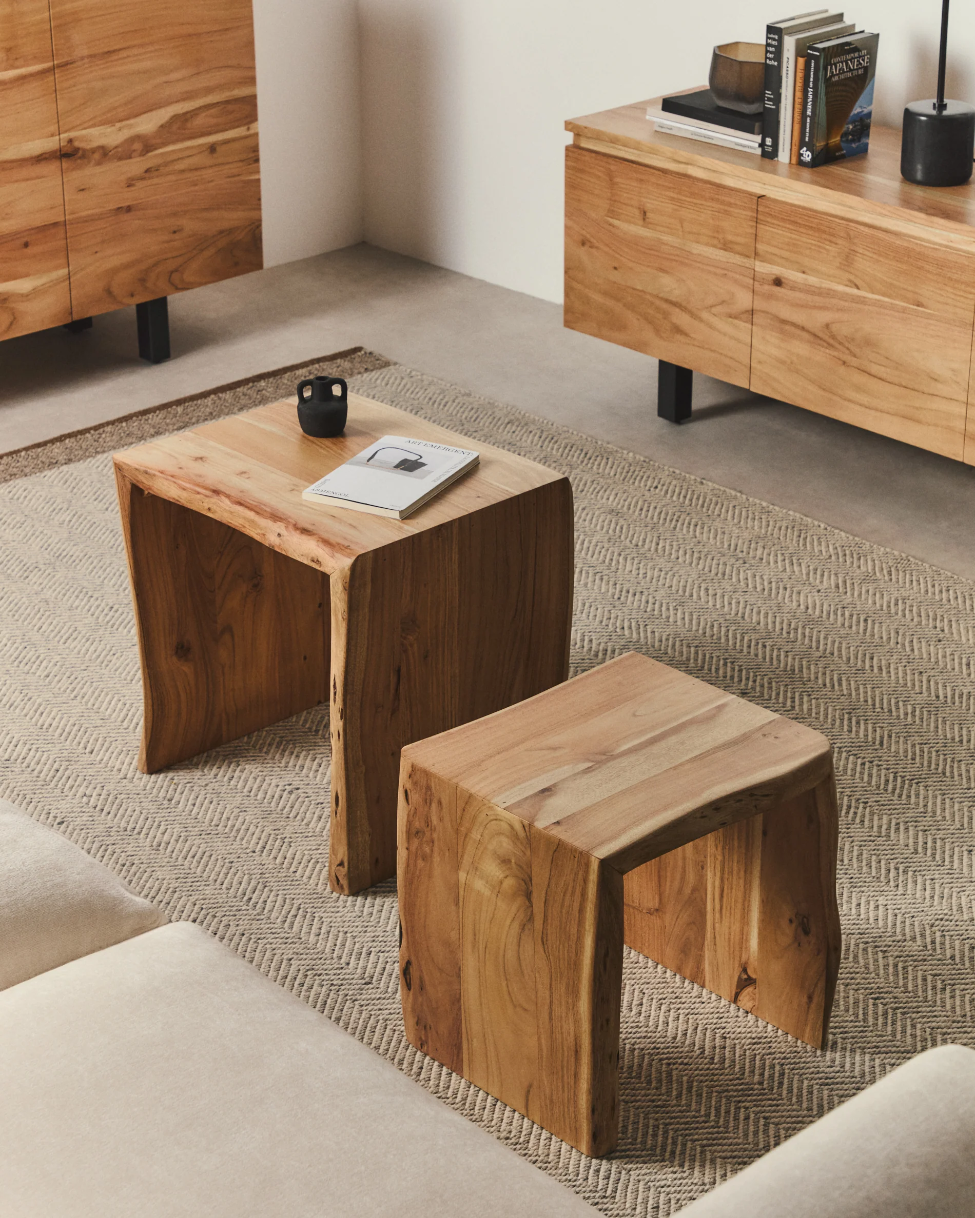 Lomiri set of 2 nesting side tables in solid acacia wood with bleached finish 50 x 42cm/34 x 42cm