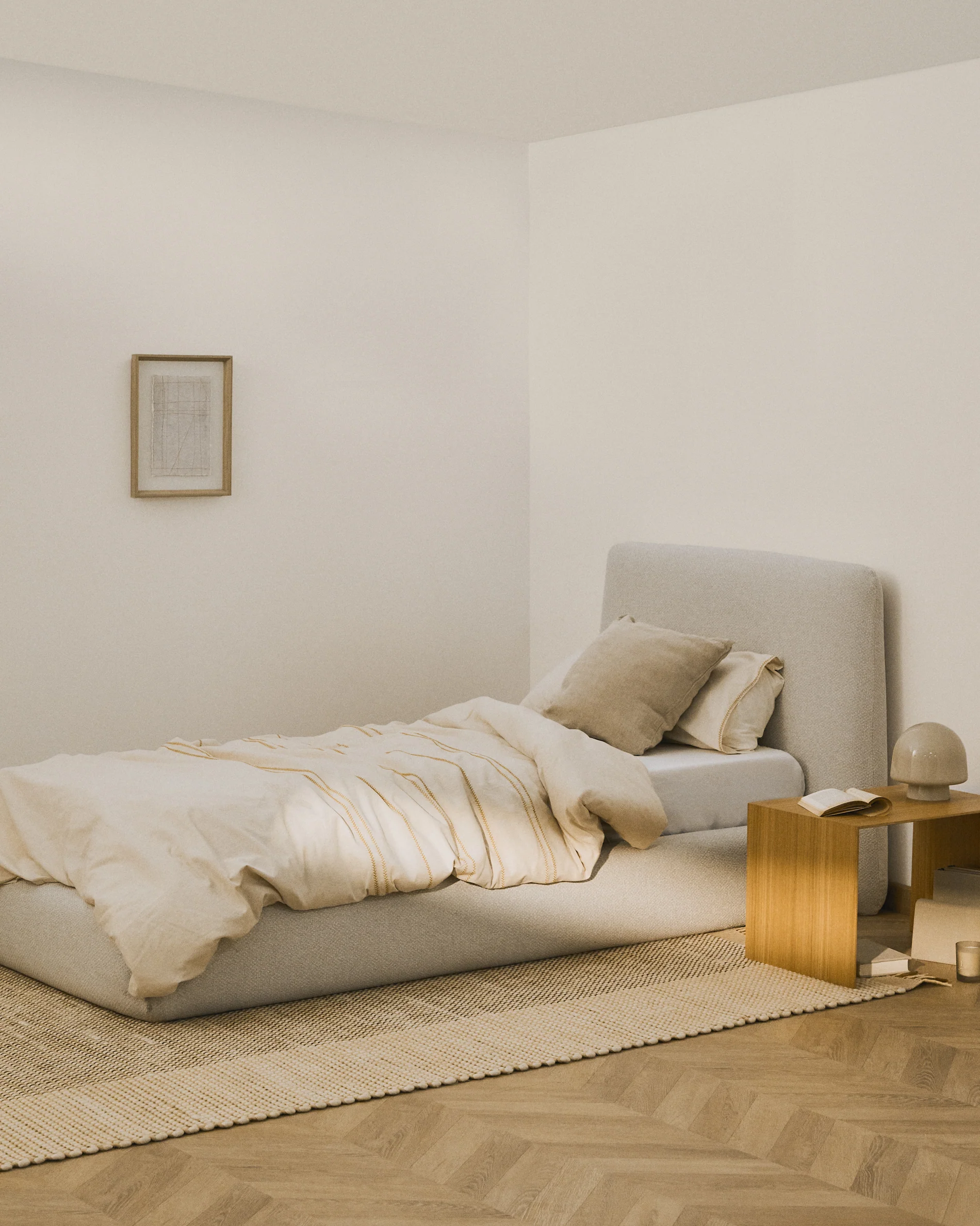 Martina bed with removable cover in ecru chenille for mattress 90 x 200cm