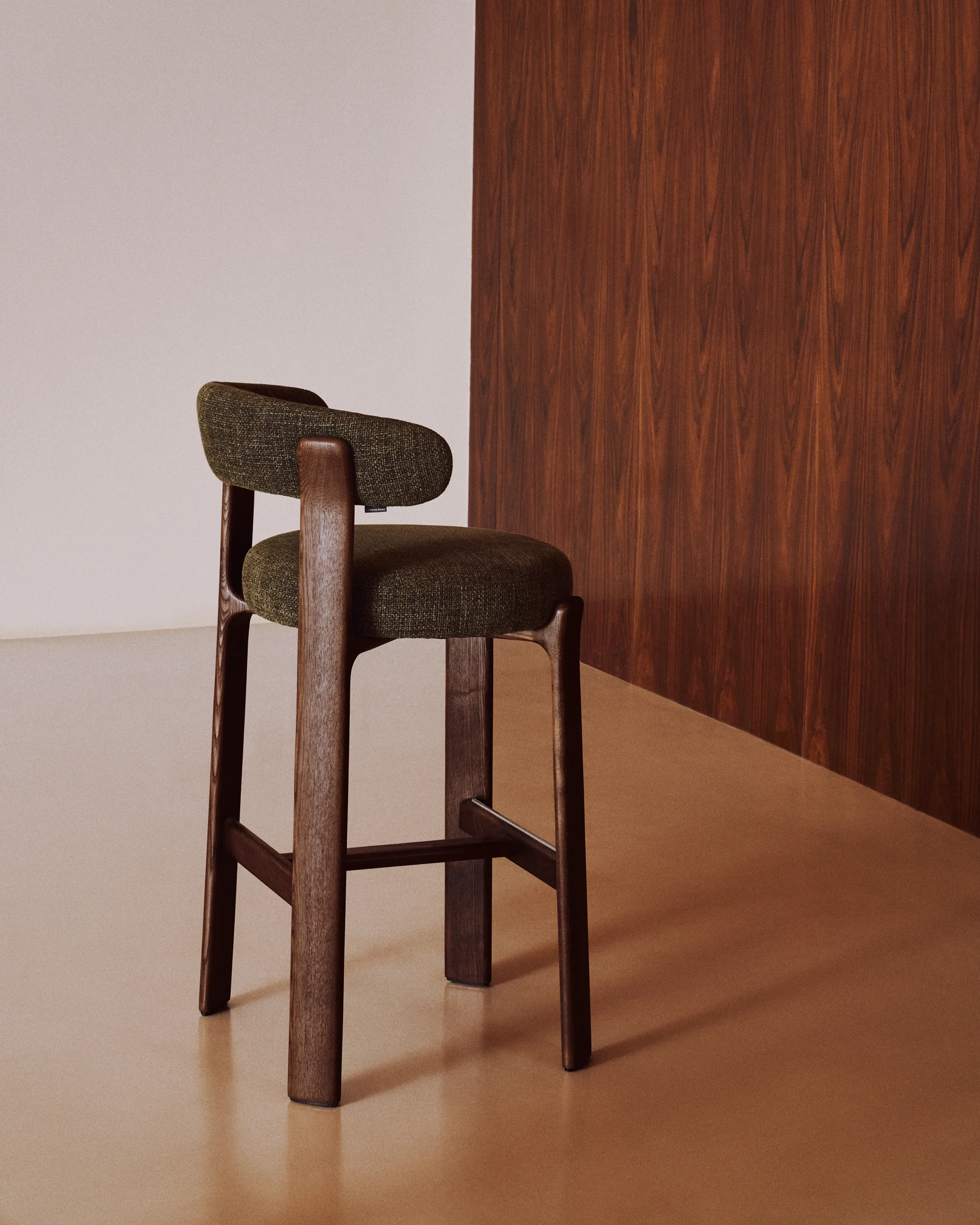 Granite stool in green chenille and solid ash wood with walnut-coloured finish FSC 100% 75cm