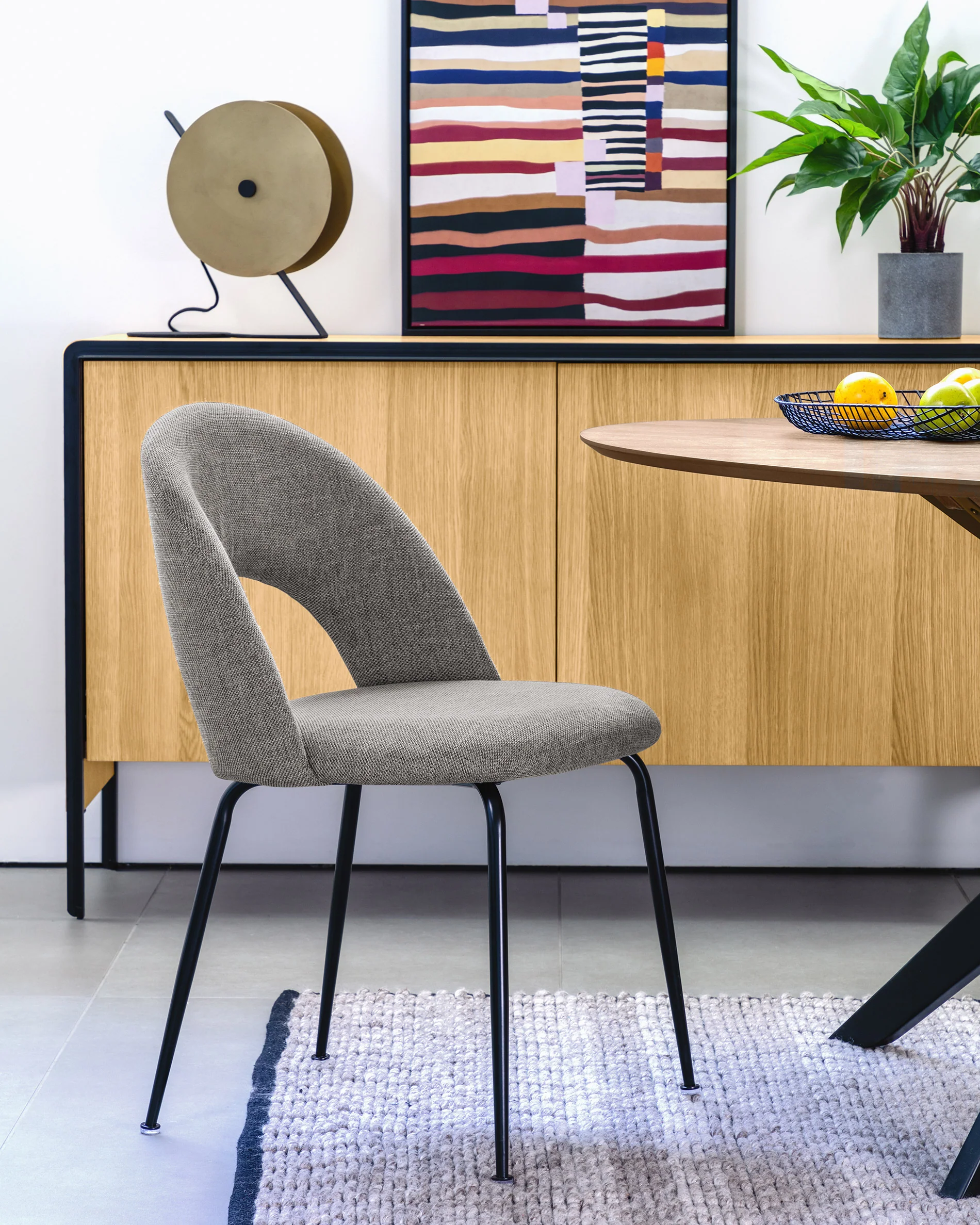 Mahalia dining chair in light grey with steel legs, with a black painted finish FSC 100%