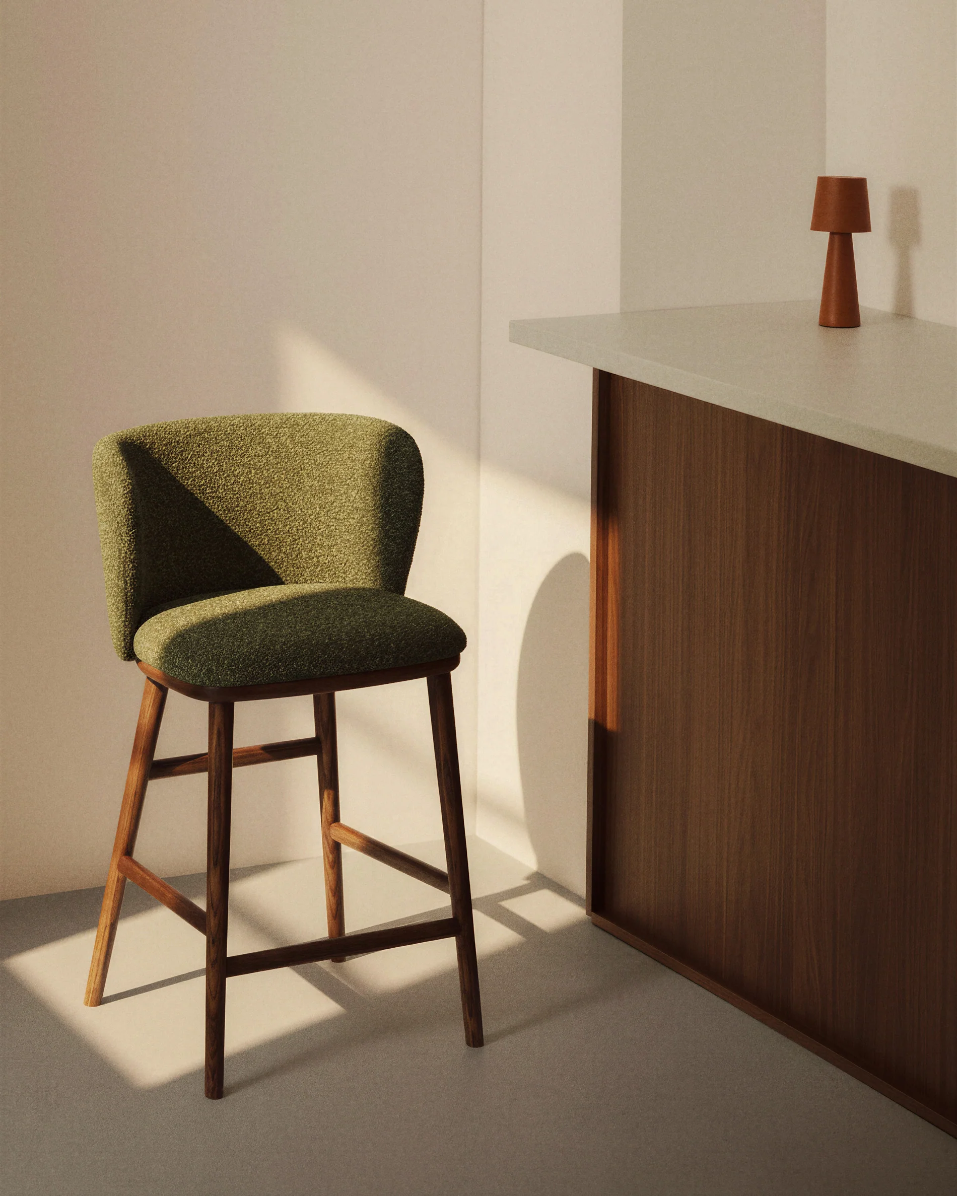Ciselia dark green thick chenille stool with solid ash wood legs with walnut-coloured finish FSC Mix Credit 75cm