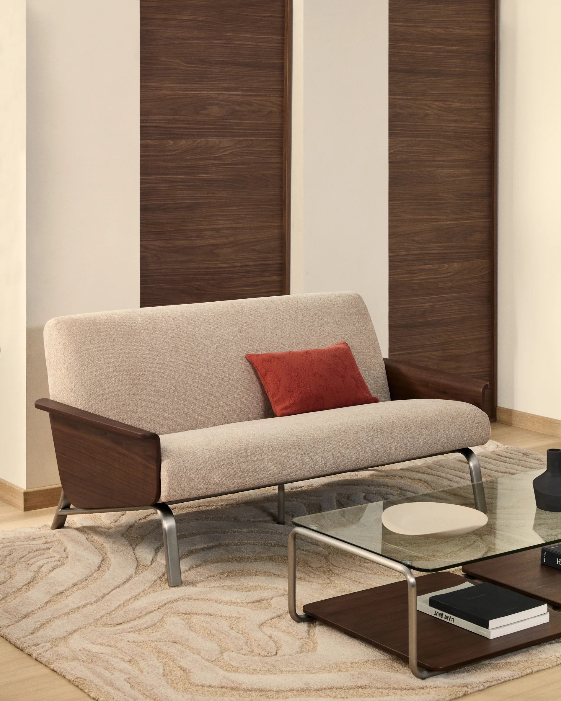 Amsen light brown 2-seater sofa in walnut plywood with brushed stainless steel legs 165cm