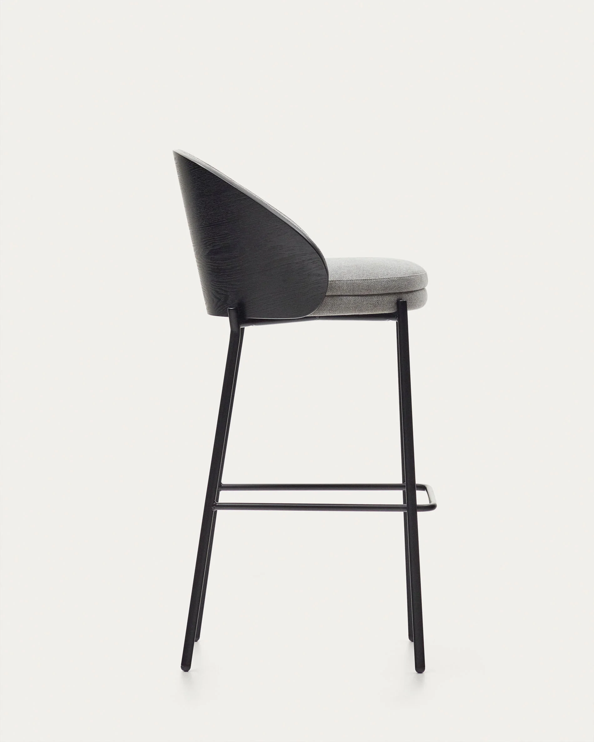 Eamy stool light grey chenille and ash wood veneer with a black finish and black metal, 77 cm